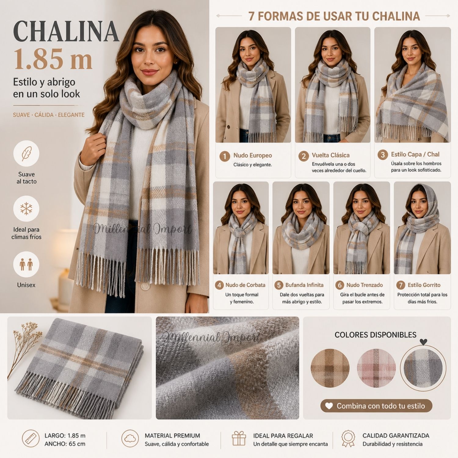 MAXI BUFANDA CHALINA SUAVE UNISEX 185CM X 72CM DISEÑO A CUADROS GRIS - 10