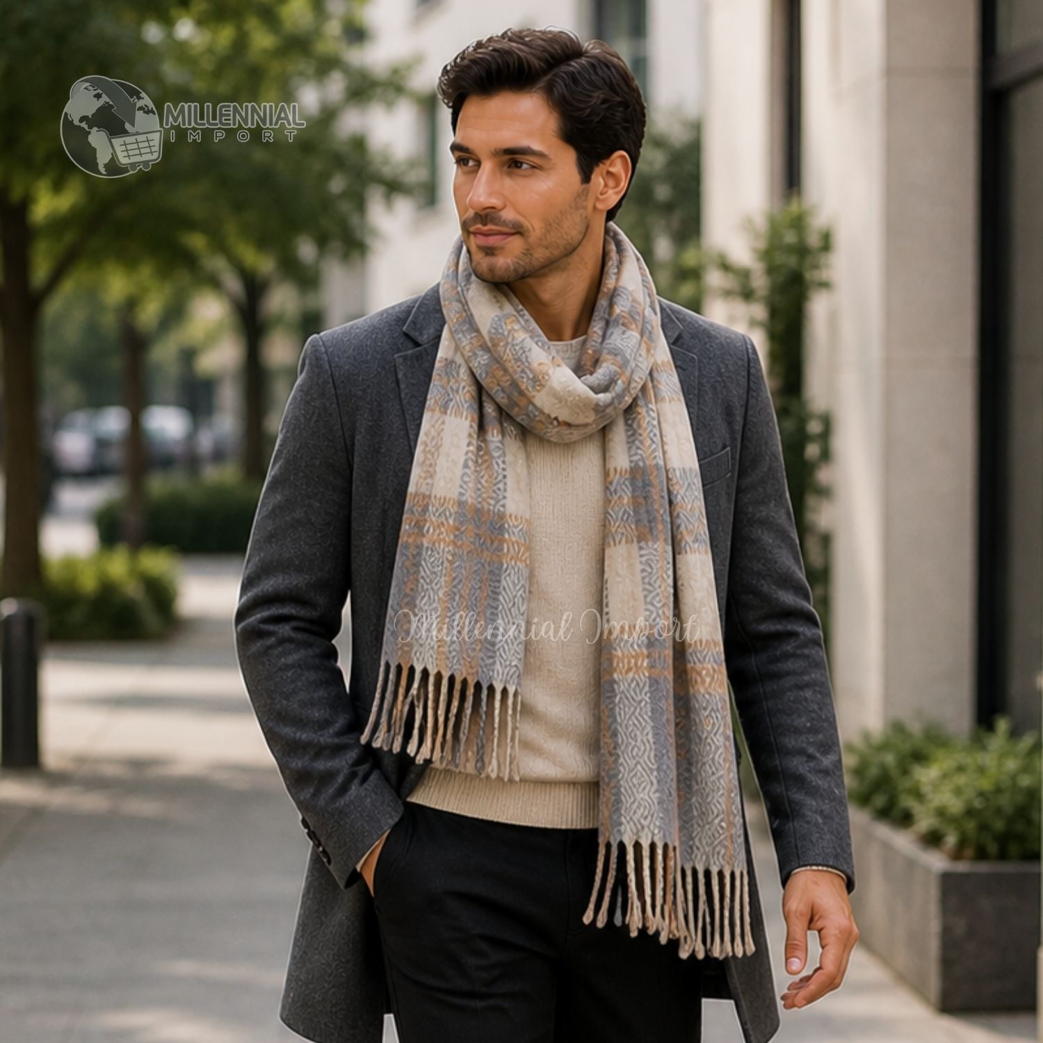 MAXI BUFANDA CHALINA SUAVE UNISEX 185CM X 72CM DISEÑO A CUADROS GRIS - 4