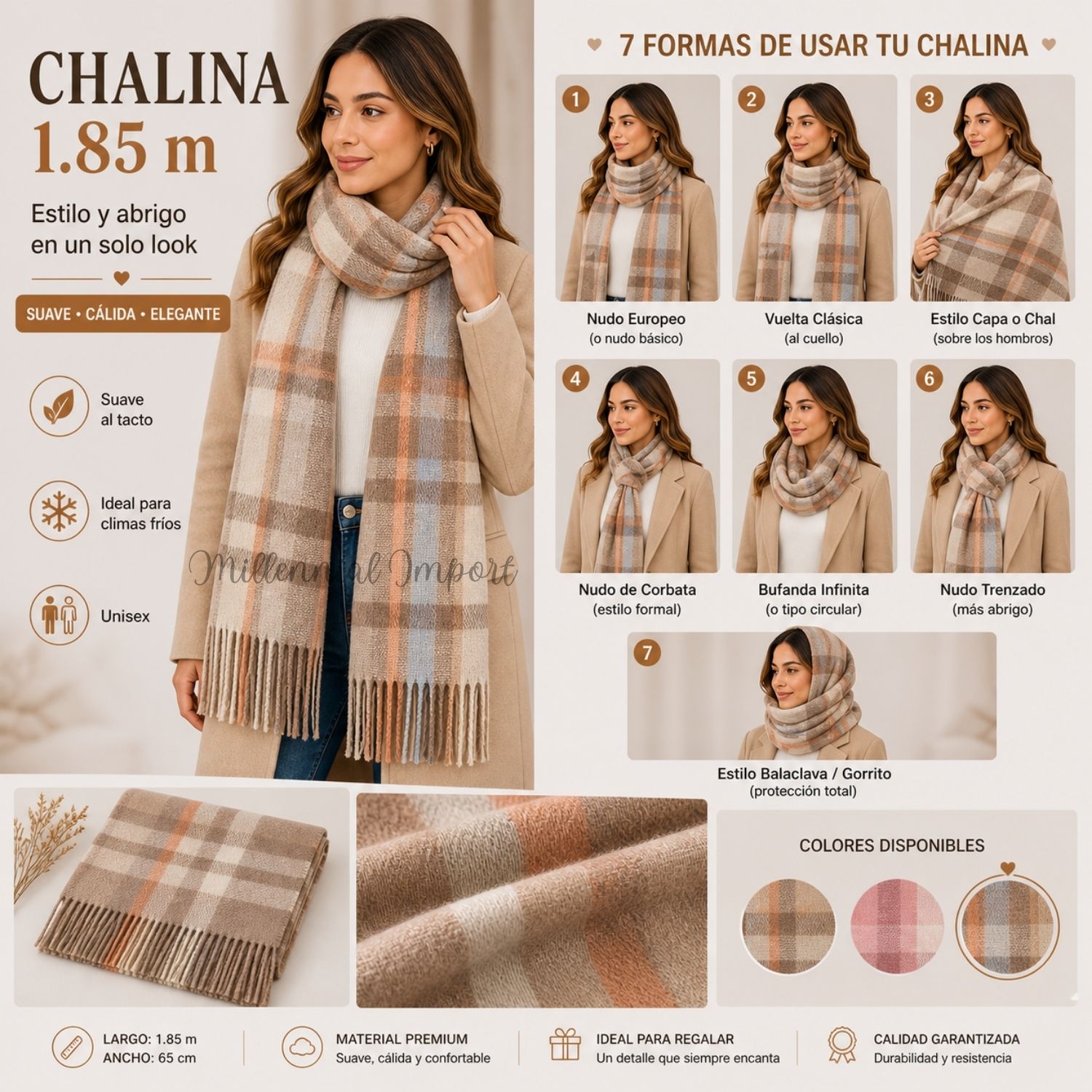 PASHMINA CHALINA ABRIGO INVIERNO MODELO MAXI BUFANDA 185CM X 72CM BEIGE - 10