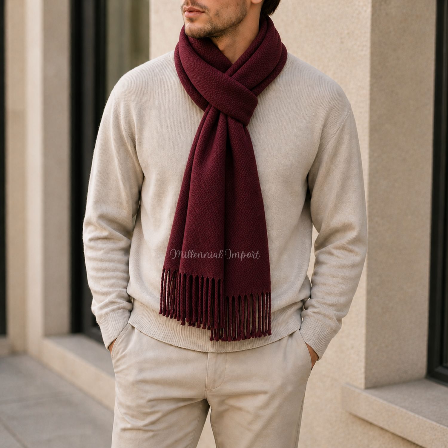 PASHMINA BUFANDA ABRIGADORA DISEÑO MODERNO 185CM X 72CM GUINDA - 3