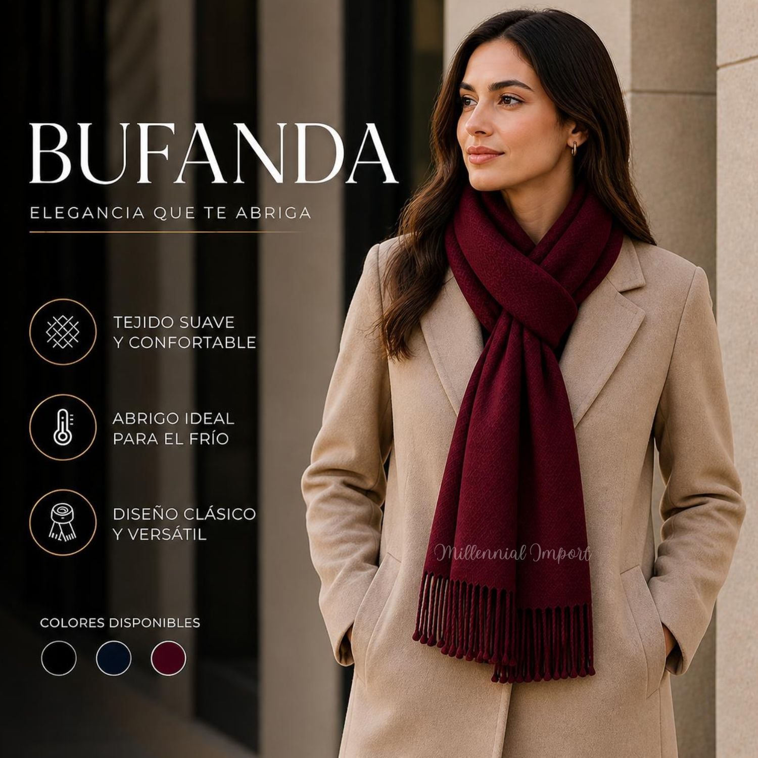 PASHMINA BUFANDA ABRIGADORA DISEÑO MODERNO 185CM X 72CM GUINDA - 4
