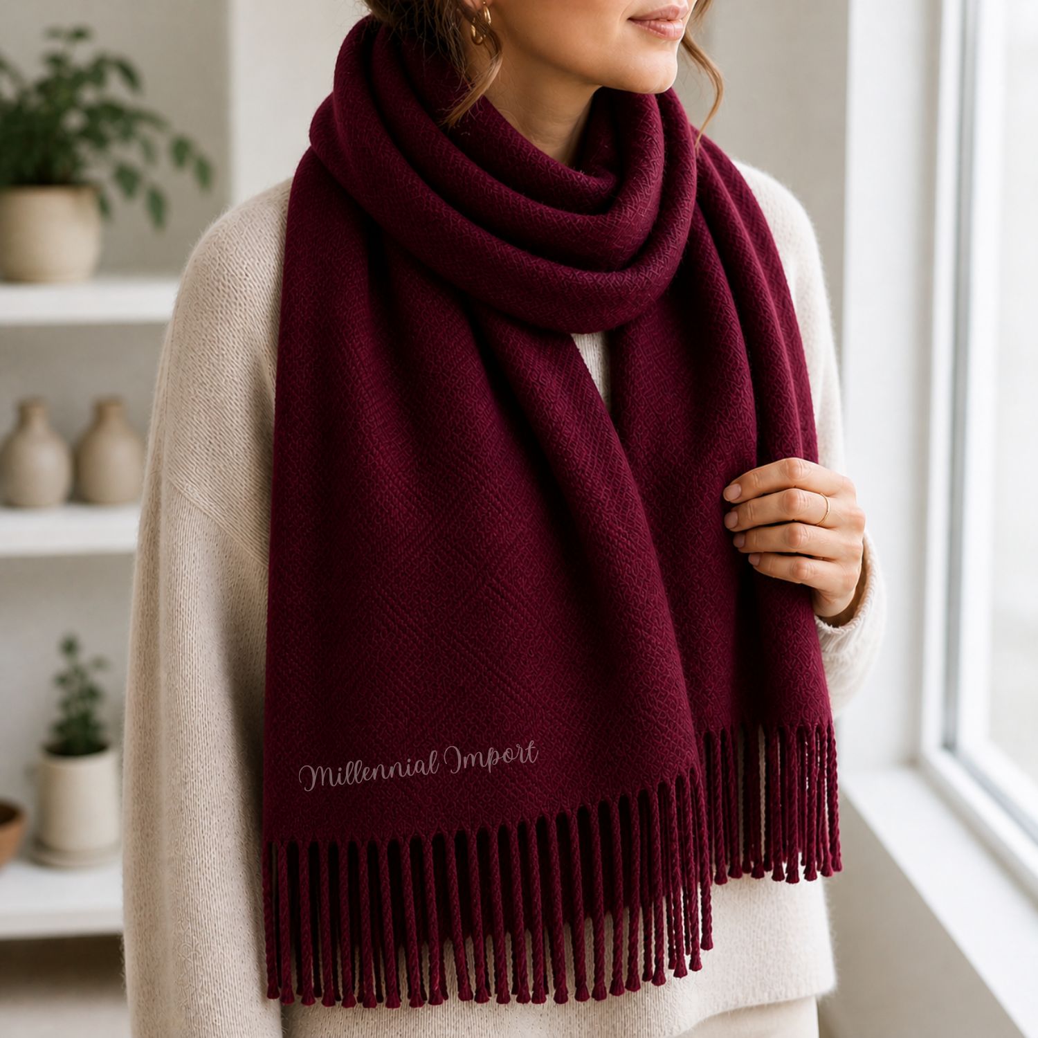 PASHMINA BUFANDA ABRIGADORA DISEÑO MODERNO 185CM X 72CM GUINDA - 5