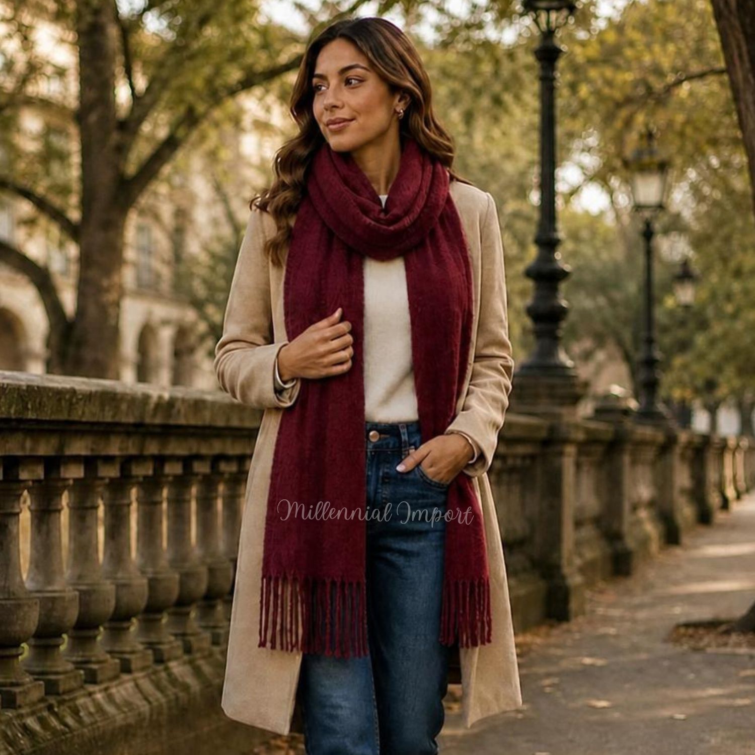 PASHMINA BUFANDA ABRIGADORA DISEÑO MODERNO 185CM X 72CM GUINDA - 7