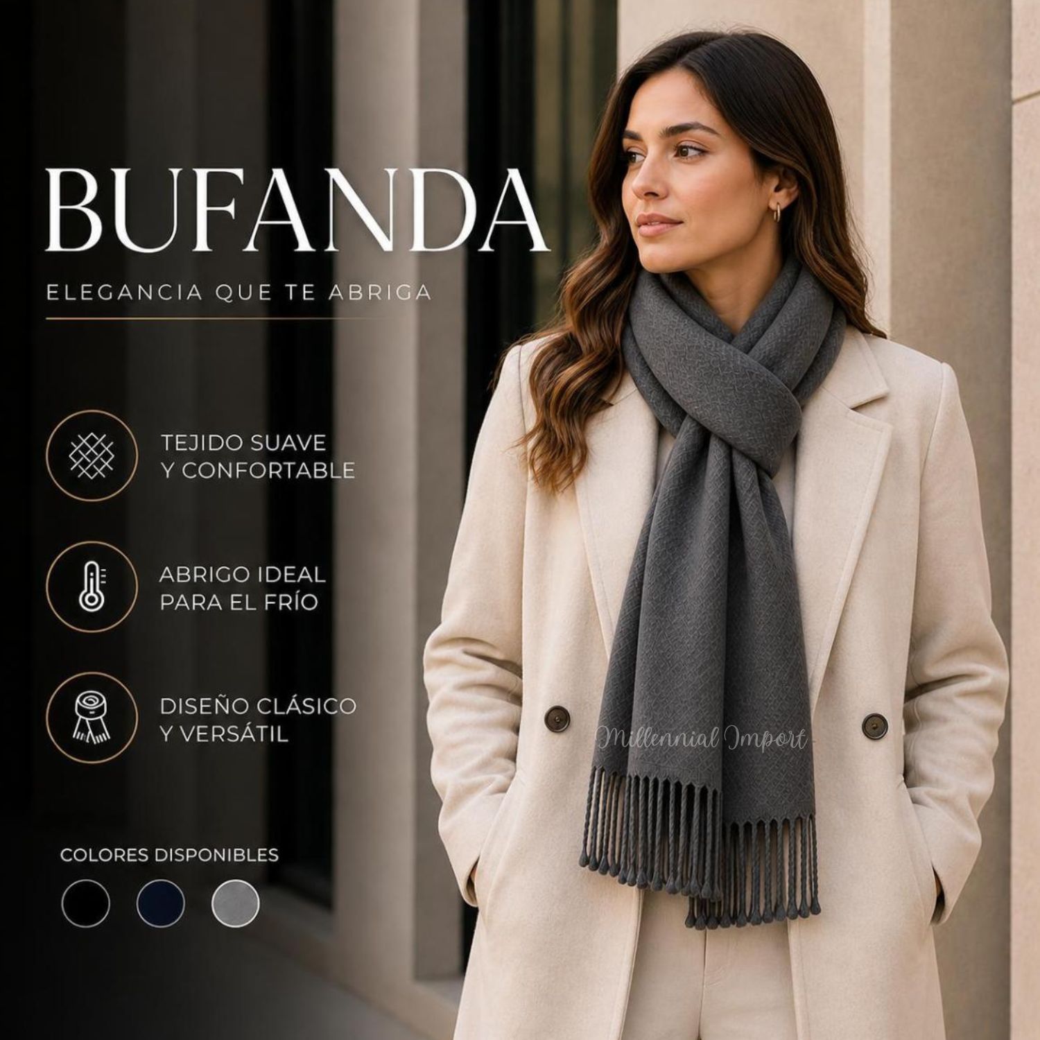 PASHMINA DISEÑO MODERNO ABRIGADOR BUFANDA 185CM X 72CM GRIS - 3