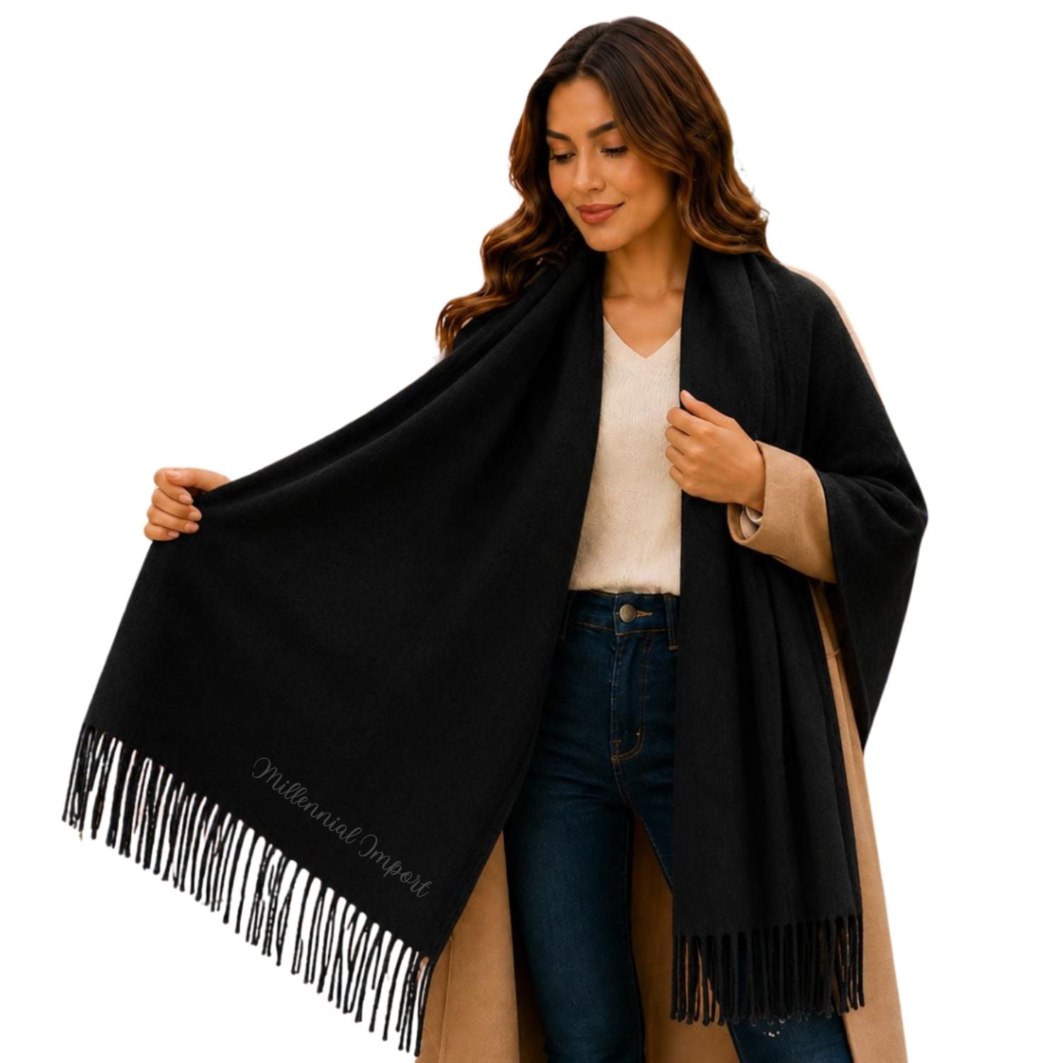 PASHMINA CHALINA ABRIGO INVIERNO 185CM X 72CM NEGRO - 6