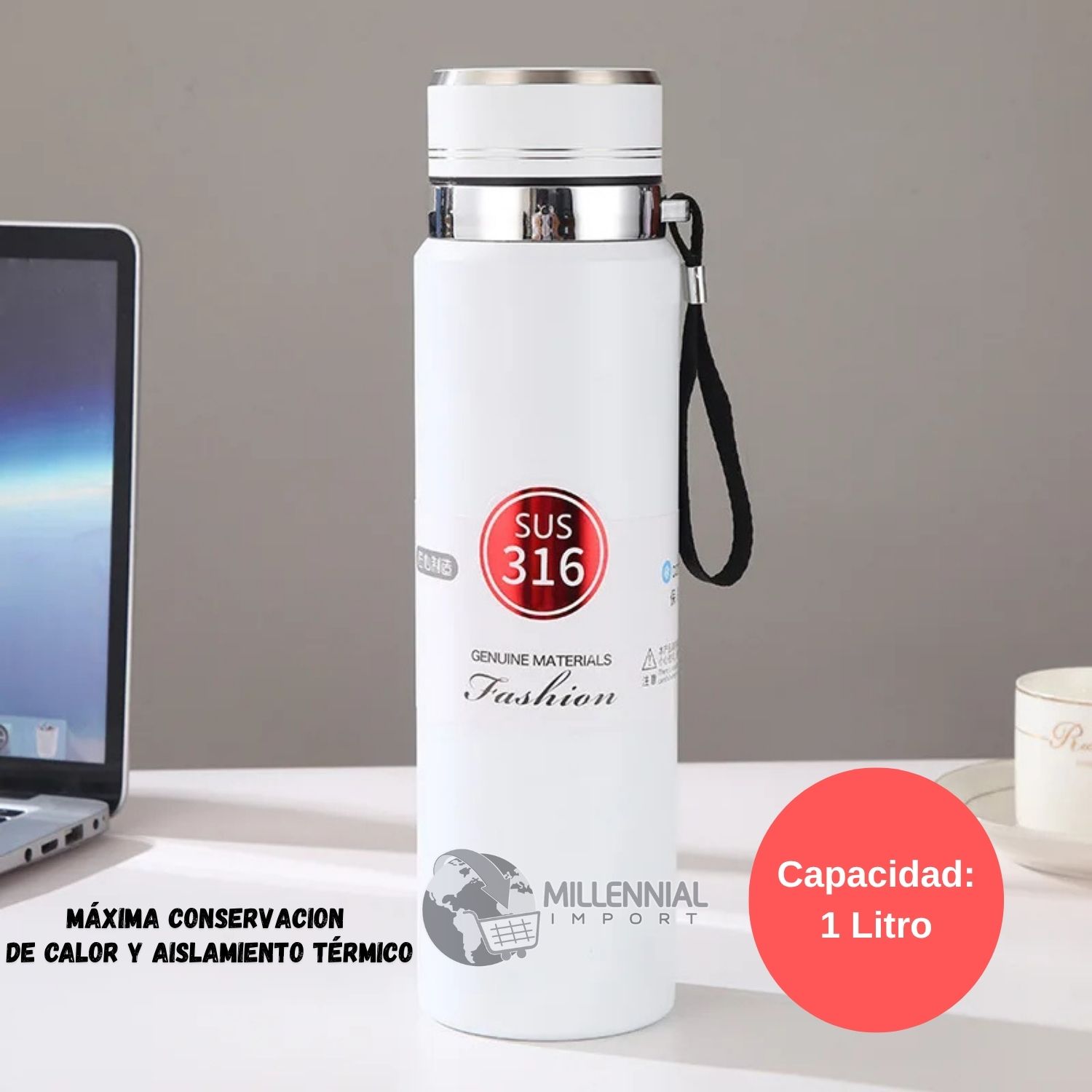 TERMO TOMATODO DE ACERO INOXIDABLE DE 1 LITRO COLOR BLANCO - 6