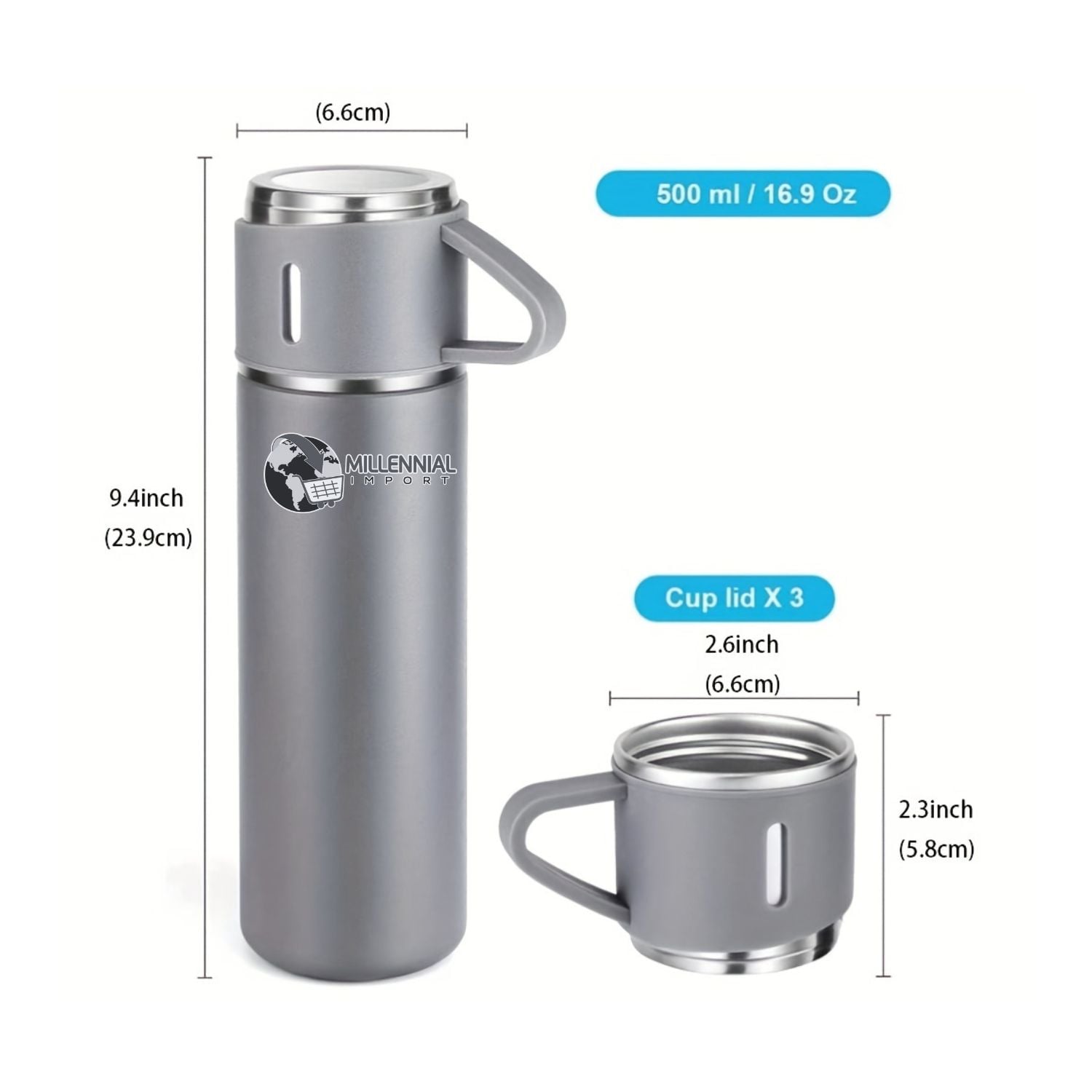 TERMO CON 3 TAZAS DE 500 ML CON BOTÓN PUSH  PARA OFICINA DE 500ML COLOR ROSADO - 10