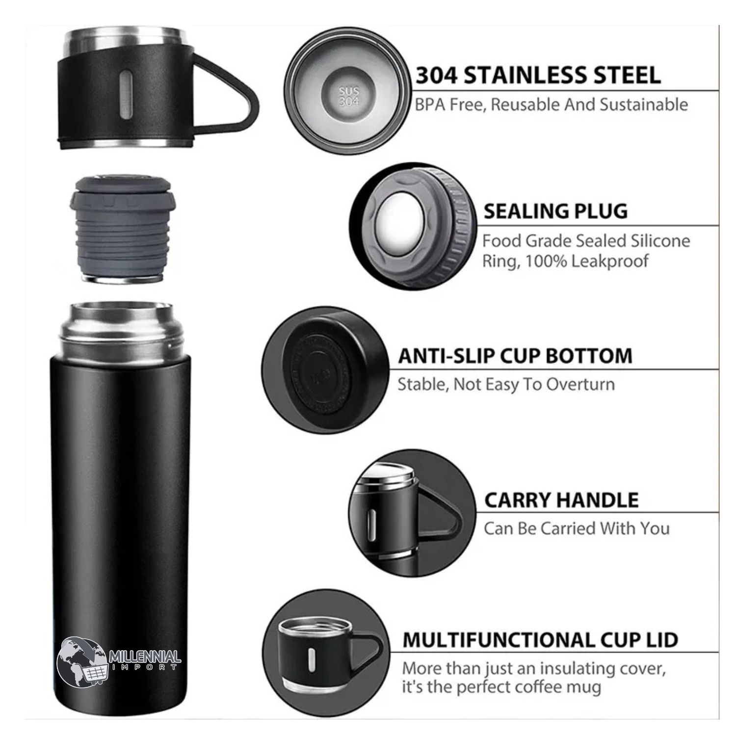 TERMO CON 3 TAZAS DE 500 ML CON BOTÓN PUSH  PARA OFICINA DE 500ML COLOR ROSADO - 7