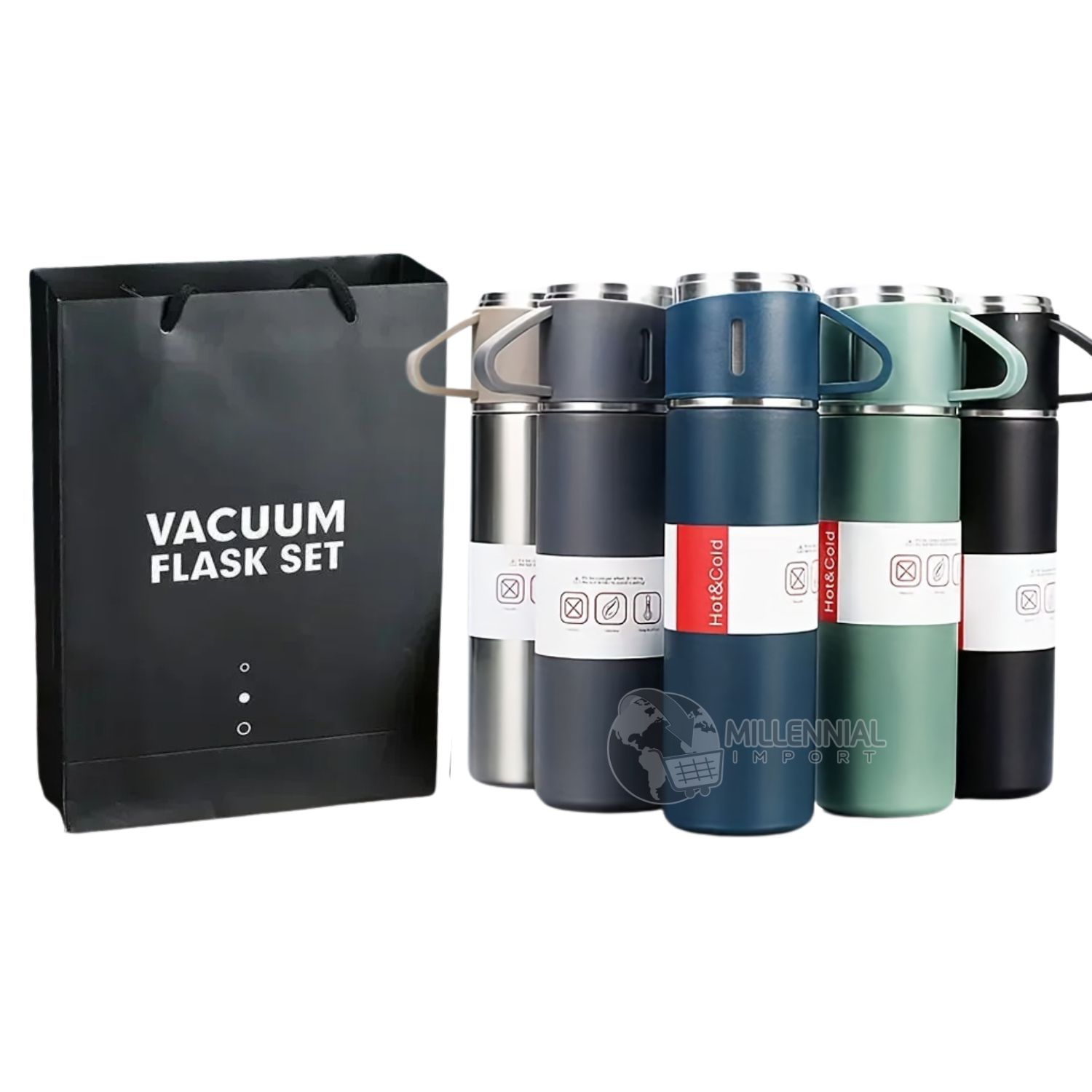SET DE TERMO DE ACERO INOXIDABLE CON 3 TAZAS DE 500ML COLOR ALEATORIO - 1