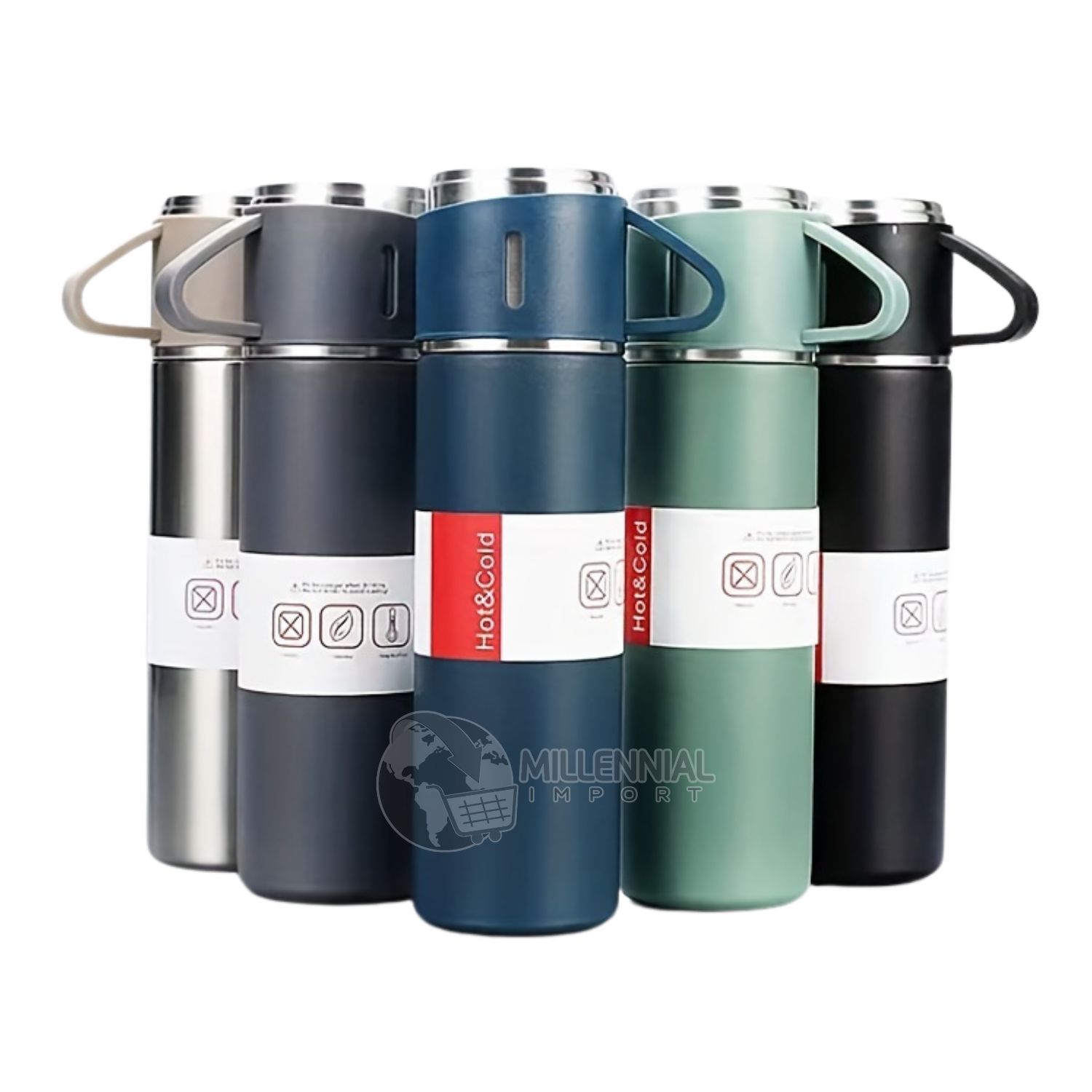 SET DE TERMO DE ACERO INOXIDABLE CON 3 TAZAS DE 500ML COLOR ALEATORIO - 2