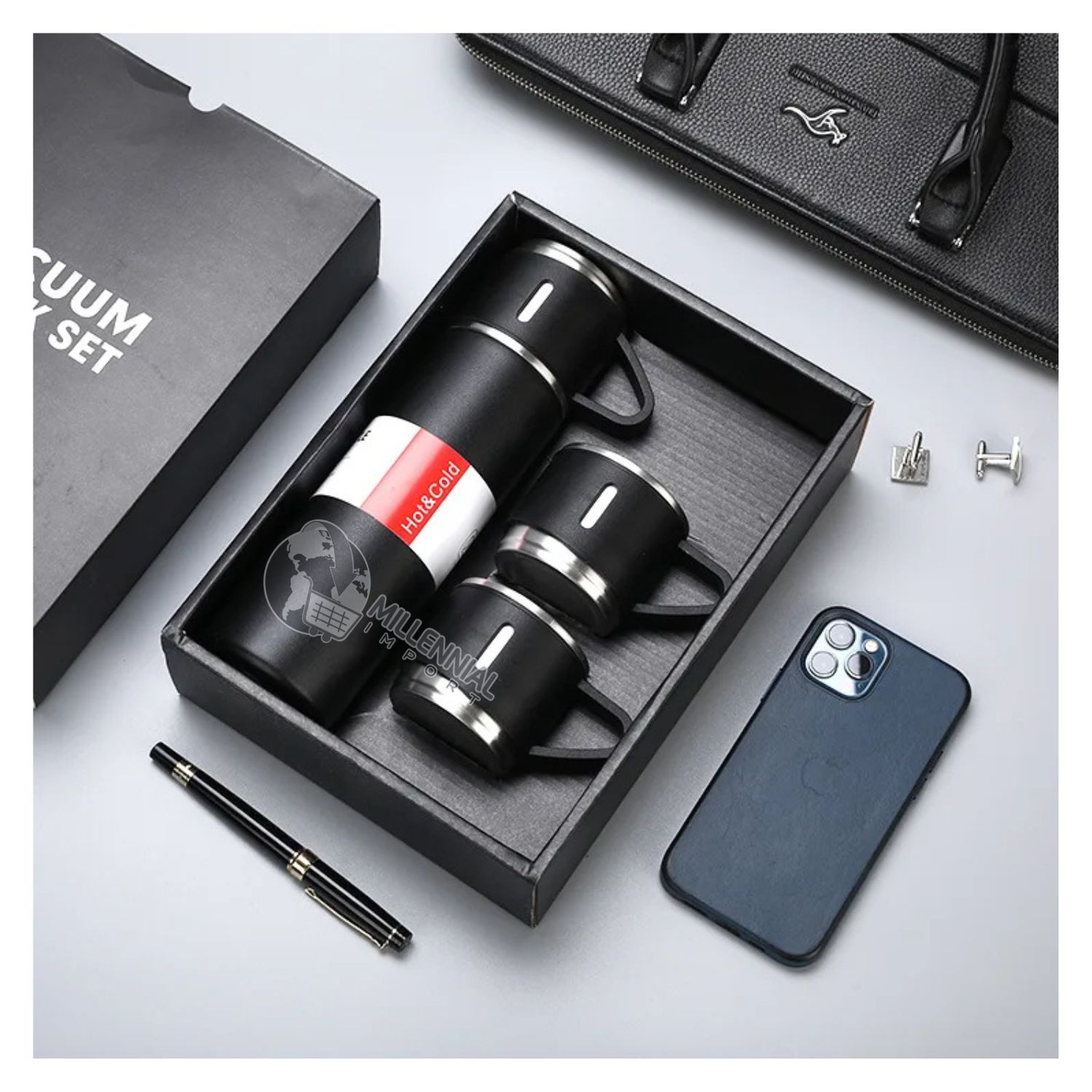 TERMO CON 3 TAZAS DE ACERO INOXIDABLE PARA OFICINA O TRABAJO DE 500ML COLOR NEGRO - 1