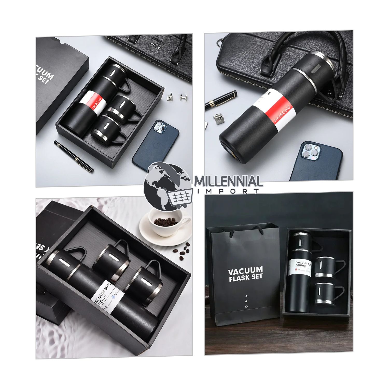 TERMO CON 3 TAZAS DE ACERO INOXIDABLE PARA OFICINA O TRABAJO DE 500ML COLOR NEGRO - 2