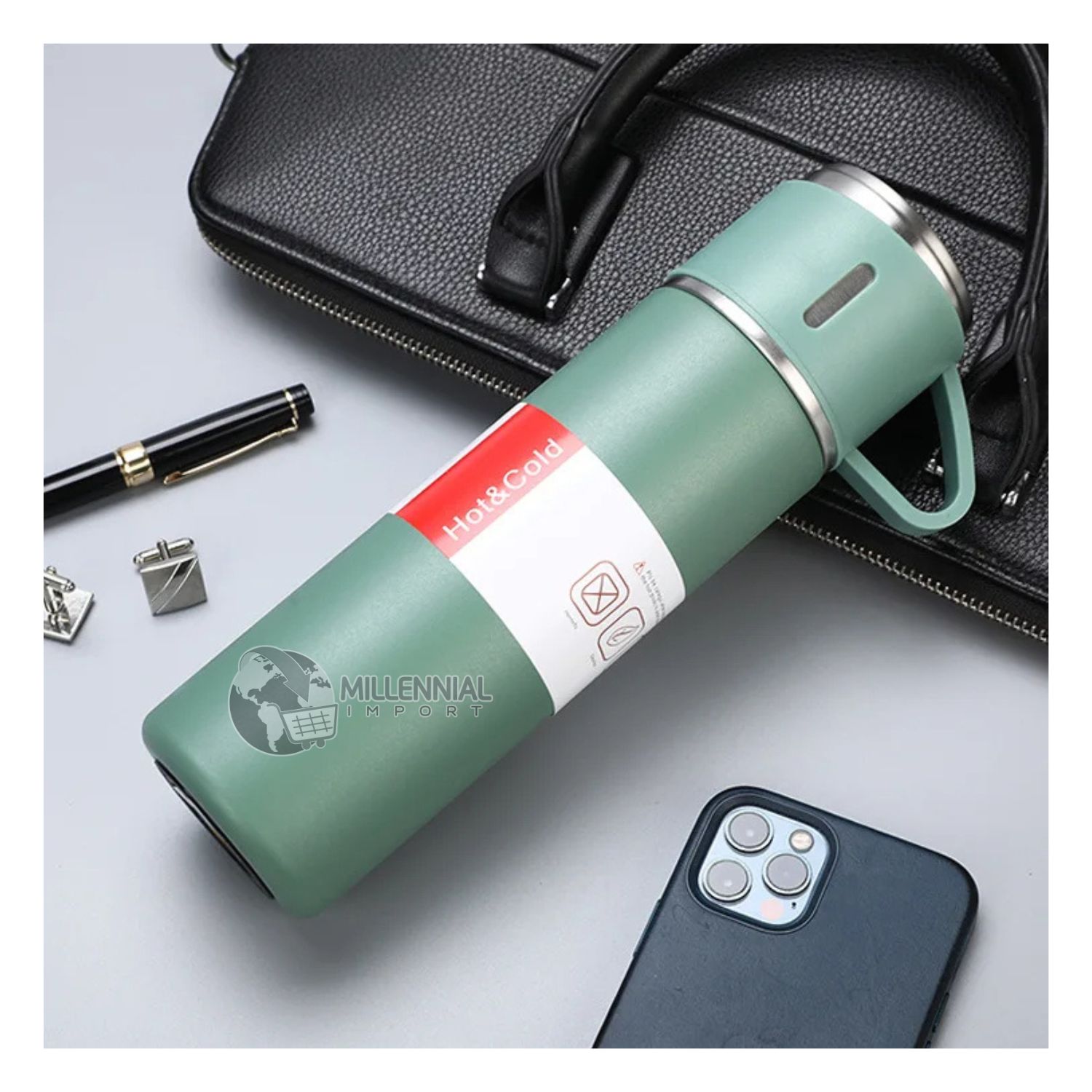 TERMO CON 3 TAZAS DE ACERO INOXIDABLE DE 500ML COLOR VERDE - 1