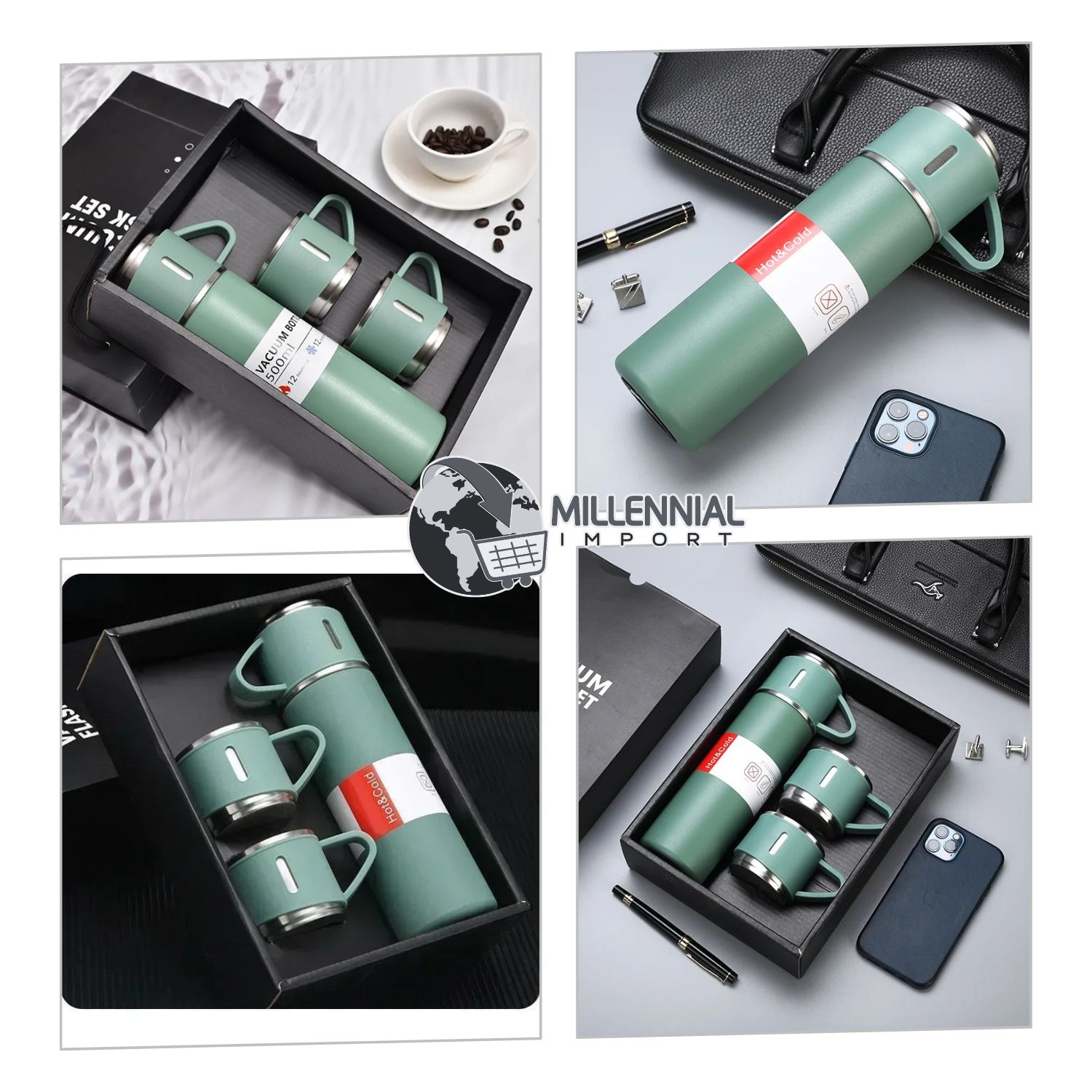 TERMO CON 3 TAZAS DE ACERO INOXIDABLE DE 500ML COLOR VERDE - 2