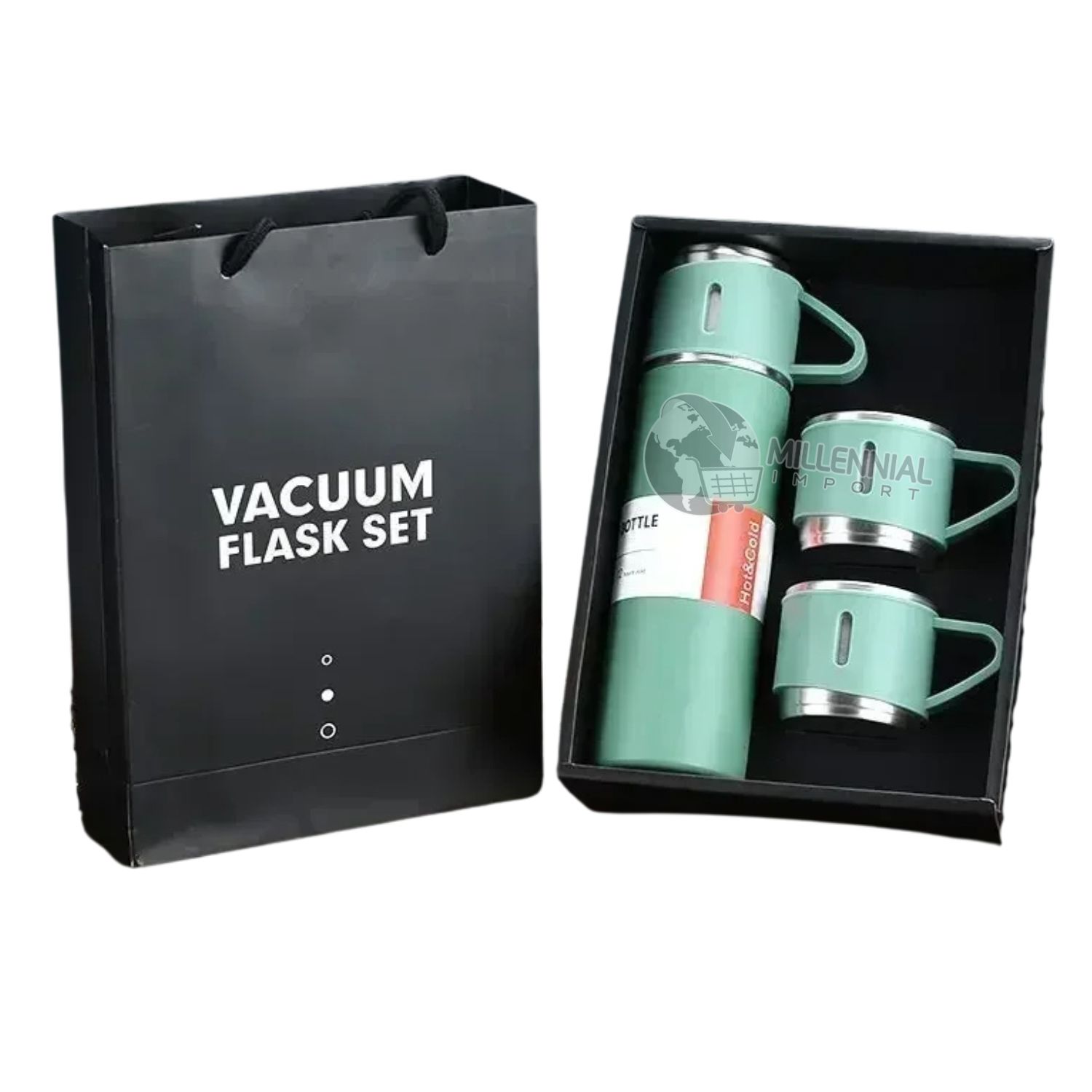 TERMO CON 3 TAZAS DE ACERO INOXIDABLE DE 500ML COLOR VERDE - 3