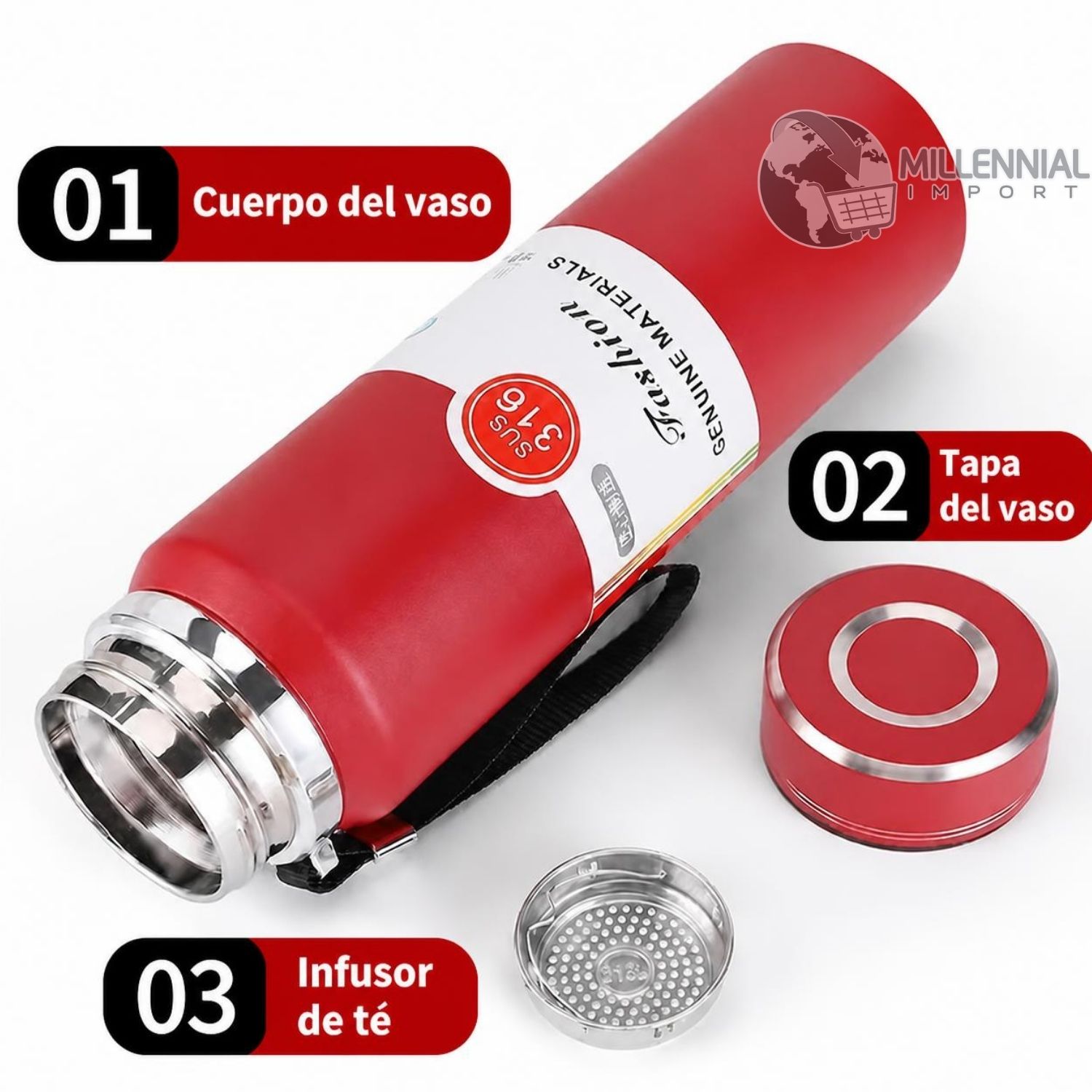TERMO DE ACERO INOXIDABLE DE 1LITRO CON FILTRO PARA INFUSIONES COLOR ROJO - 2