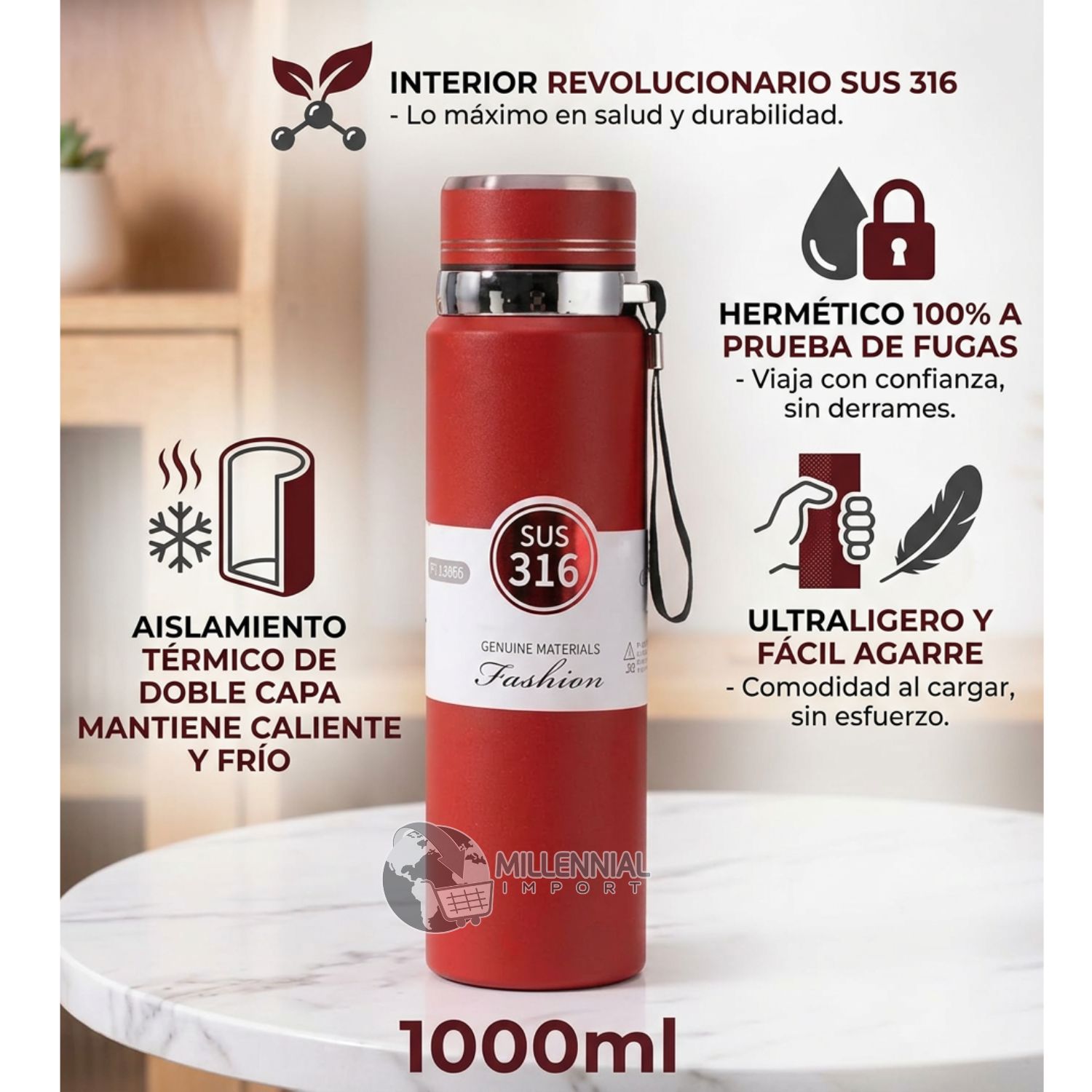 TERMO DE ACERO INOXIDABLE DE 1LITRO CON FILTRO PARA INFUSIONES COLOR ROJO - 5