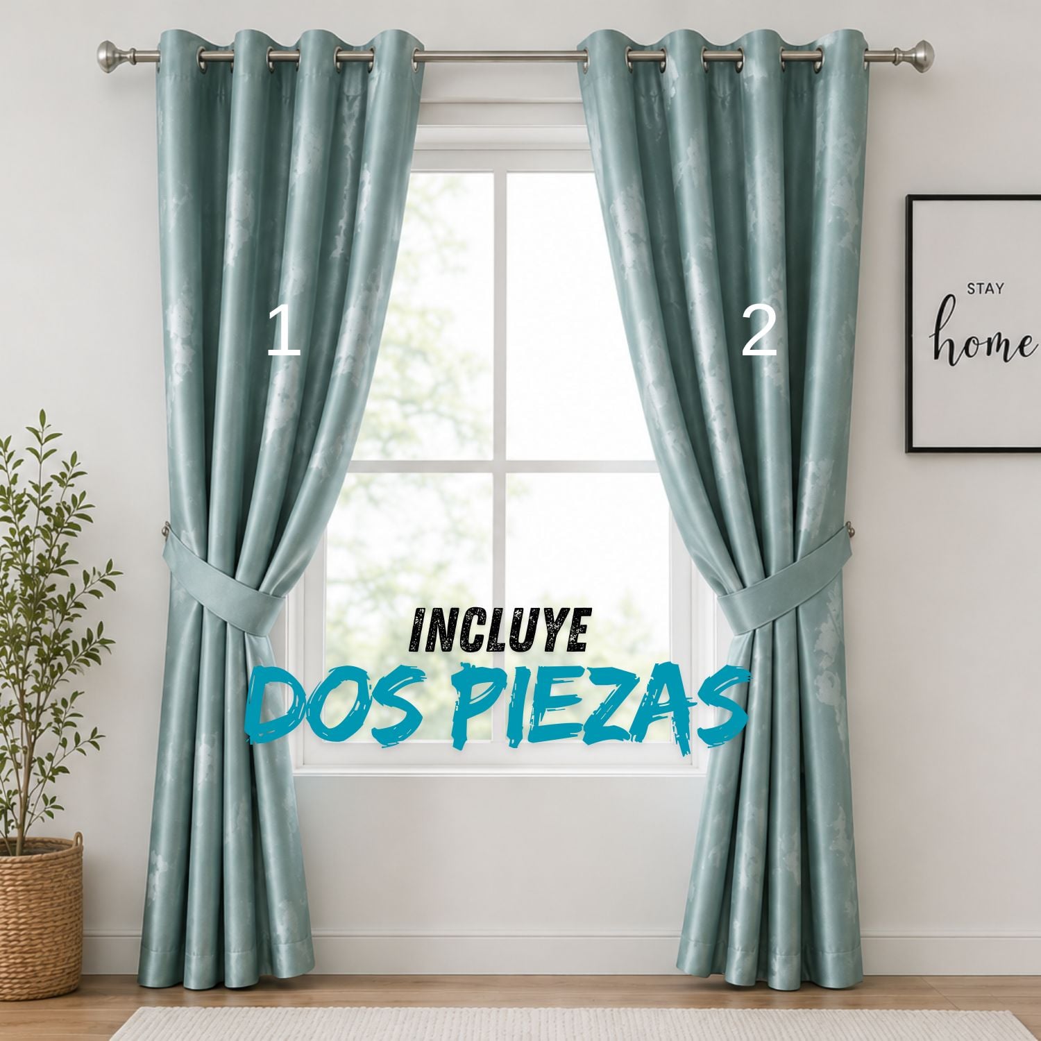 CORTINA VERDE BRILLANTE DE 2 PAÑOS PARA SALA Y DORMITORIO CON ARGOLLAS METÁLICAS - 2