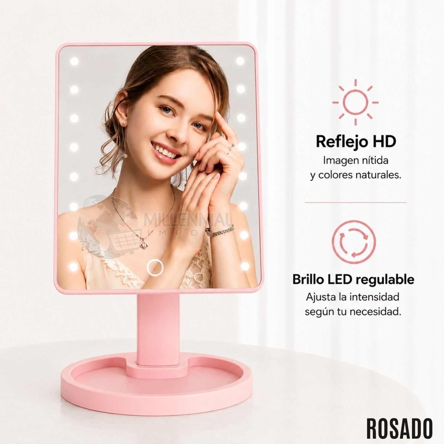 ESPEJO LED TÁCTIL DE MAQUILLAJE CON 16 LUCES LED COLOR ROSADO - 1