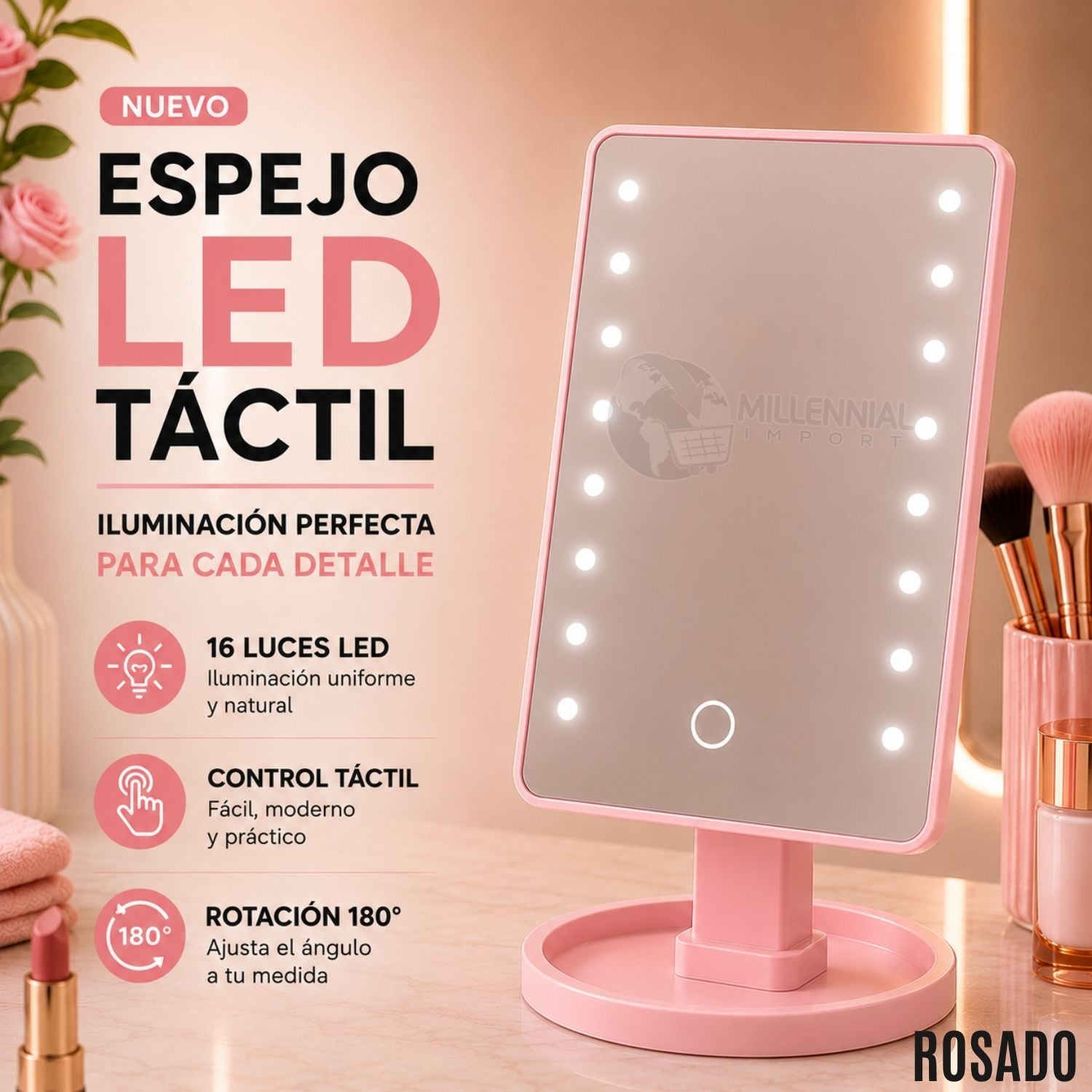 ESPEJO LED TÁCTIL DE MAQUILLAJE CON 16 LUCES LED COLOR ROSADO - 2