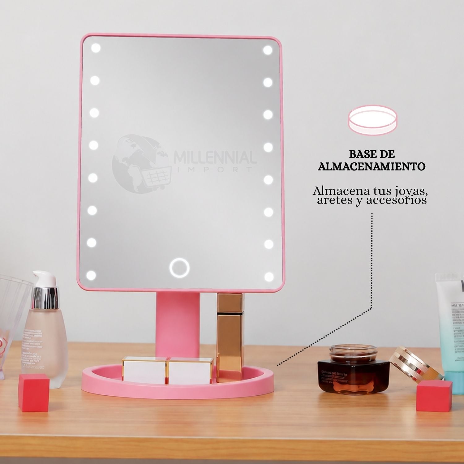 ESPEJO LED TÁCTIL DE MAQUILLAJE CON 16 LUCES LED COLOR ROSADO - 7