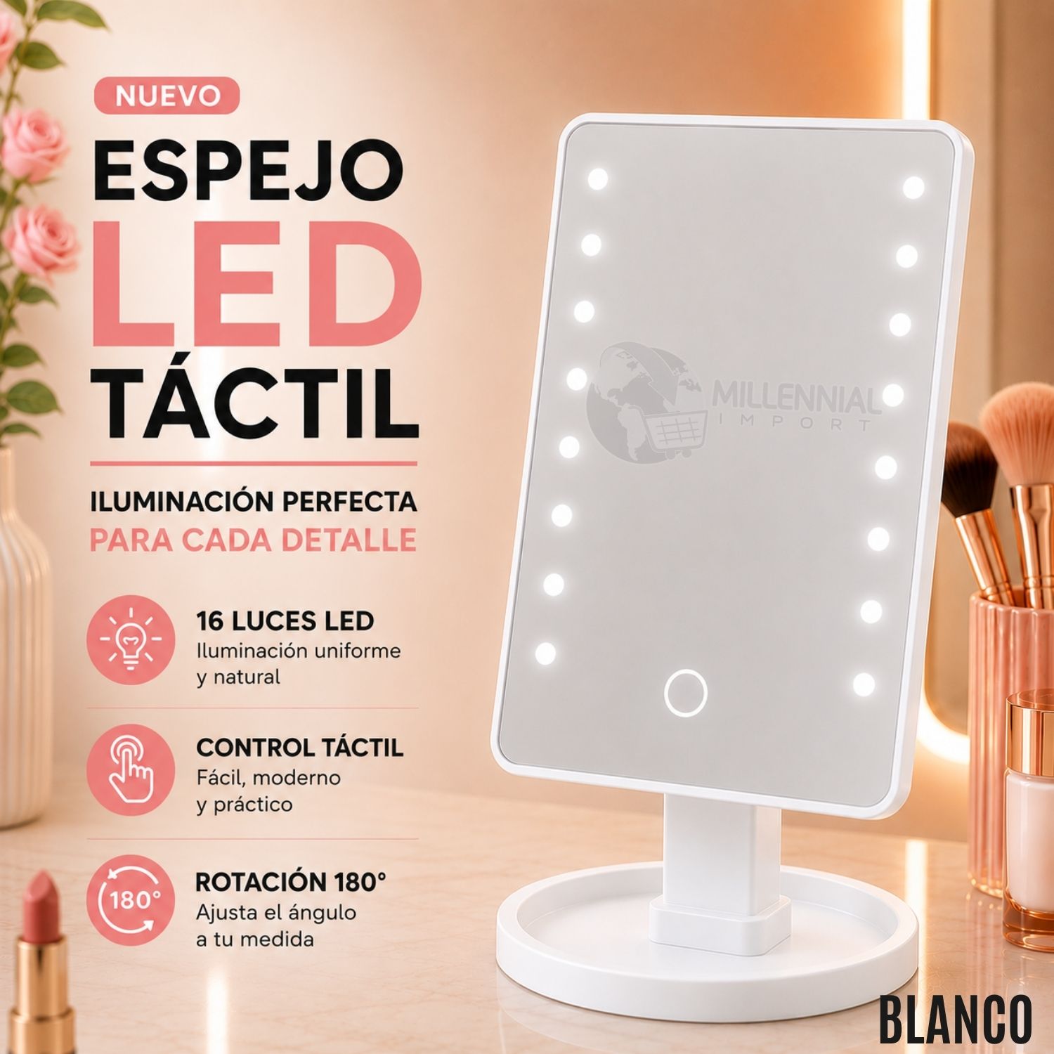 ESPEJO DE MAQUILLAJE LED CON 16 LUCES Y 3 NIVELES DE BRILLO COLOR BLANCO - 2