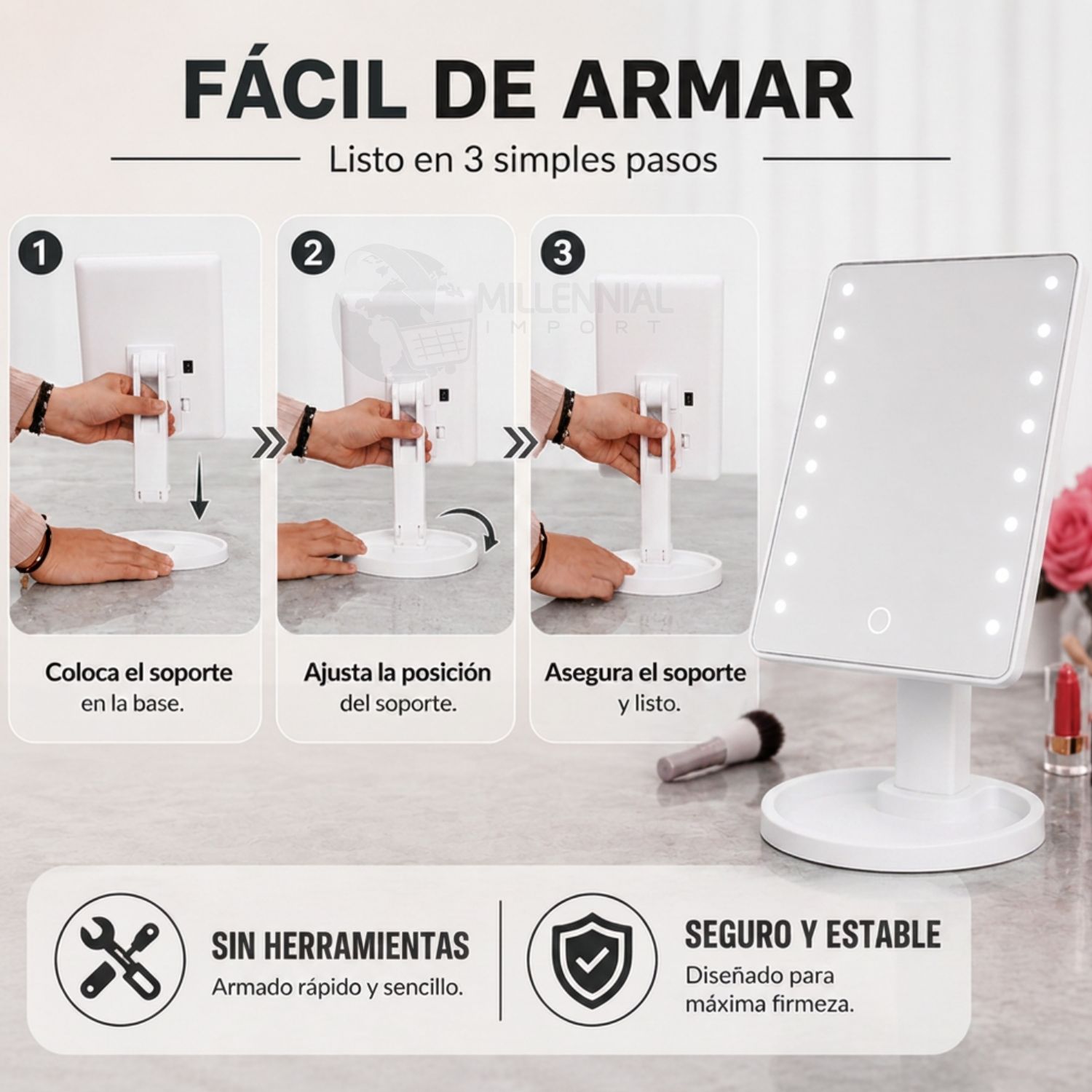 ESPEJO DE MAQUILLAJE LED CON 16 LUCES Y 3 NIVELES DE BRILLO COLOR BLANCO - 4