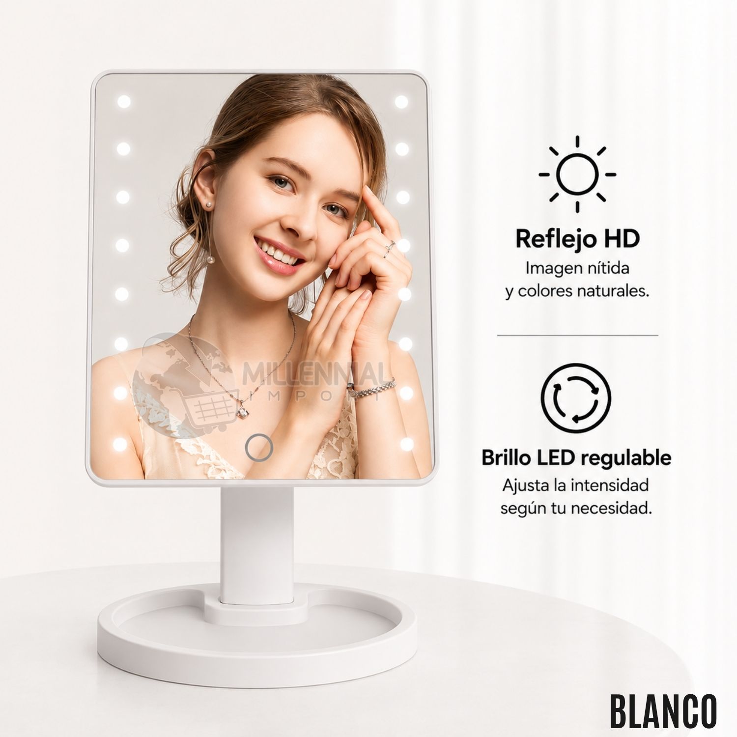 ESPEJO DE MAQUILLAJE LED CON 16 LUCES Y 3 NIVELES DE BRILLO COLOR BLANCO - 6