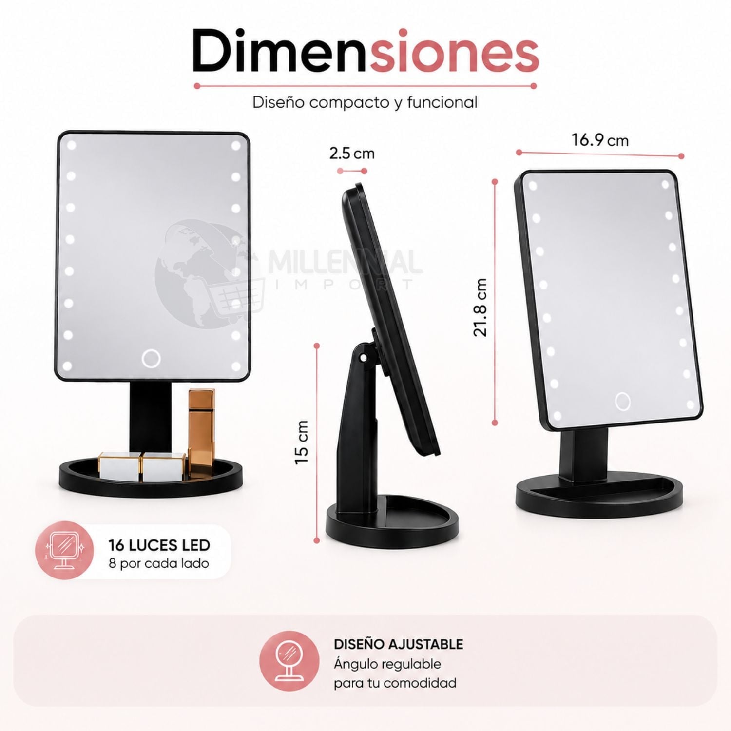 ESPEJO LED TÁCTIL DE MAQUILLAJE CON 16 LUCES LED COLOR BLANCO - 10