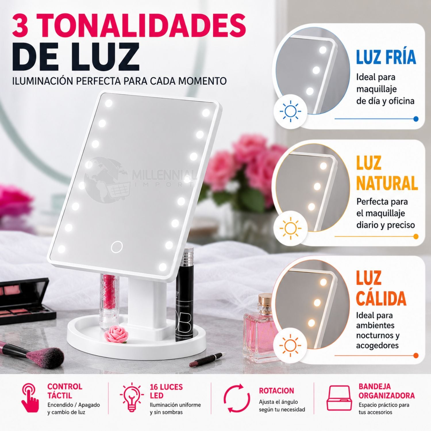 ESPEJO LED TÁCTIL DE MAQUILLAJE CON 16 LUCES LED COLOR BLANCO - 8