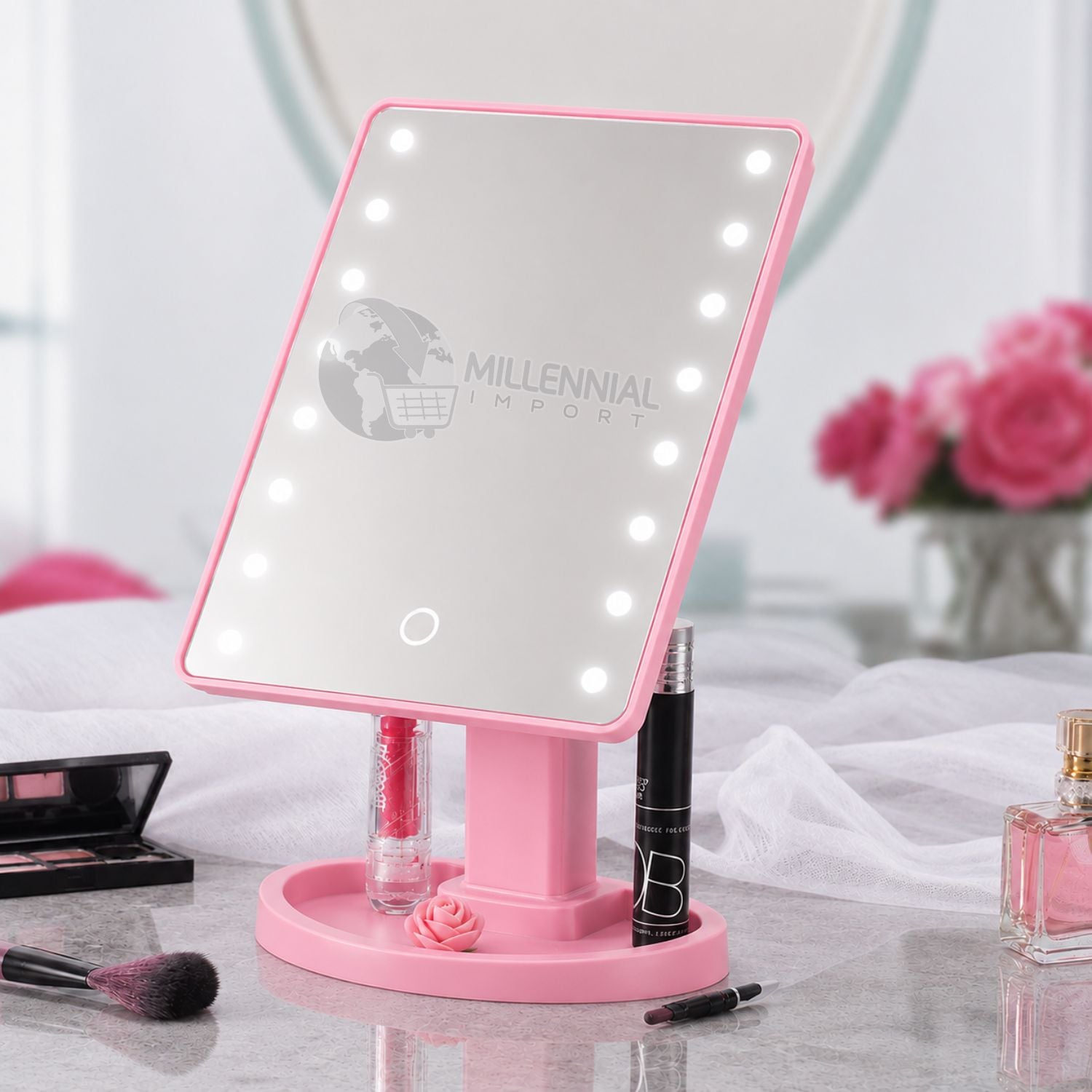 ESPEJO DE MAQUILLAJE LED CON 16 LUCES Y 3 NIVELES DE BRILLO COLOR ROSADO - 1