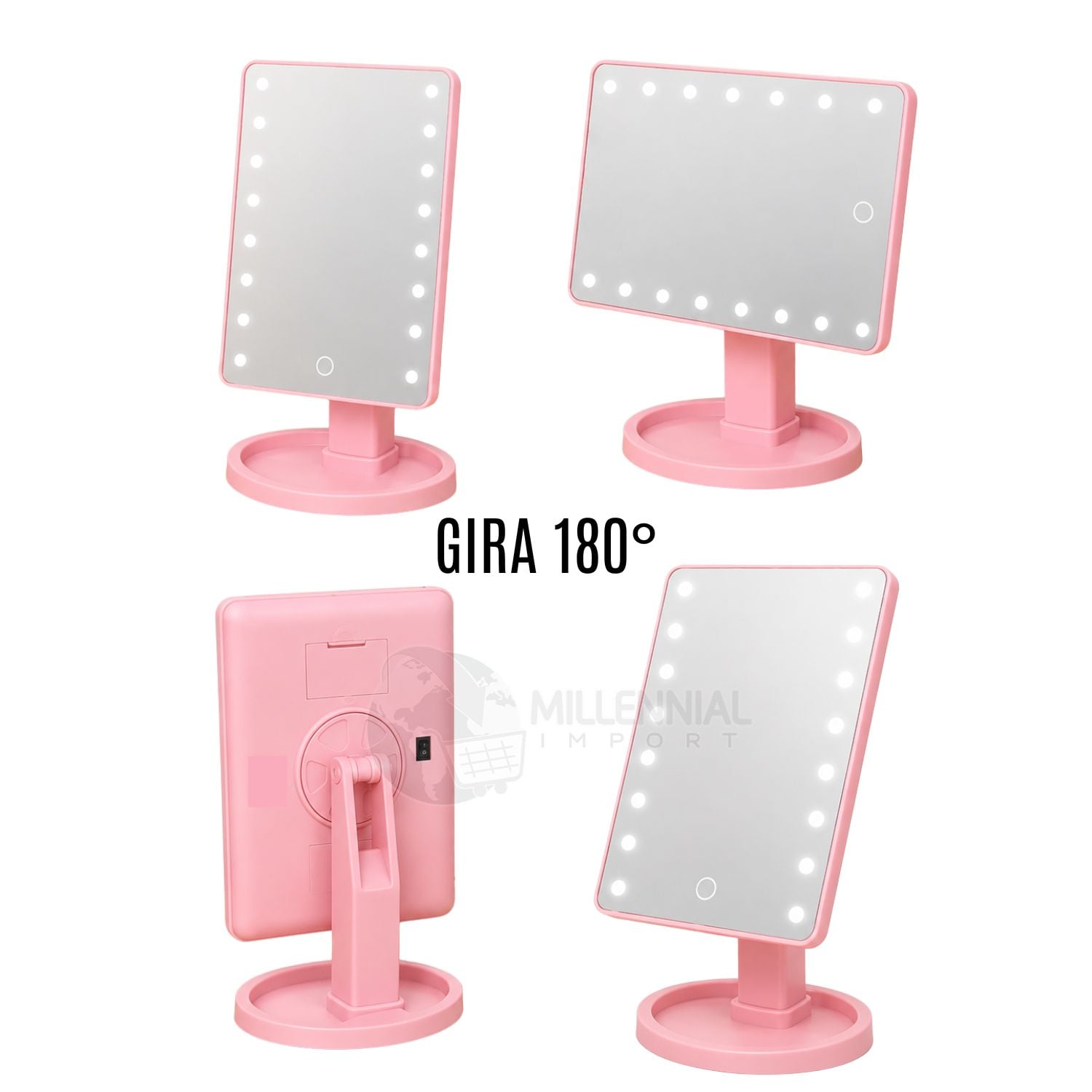 ESPEJO DE MAQUILLAJE LED CON 16 LUCES Y 3 NIVELES DE BRILLO COLOR ROSADO - 4