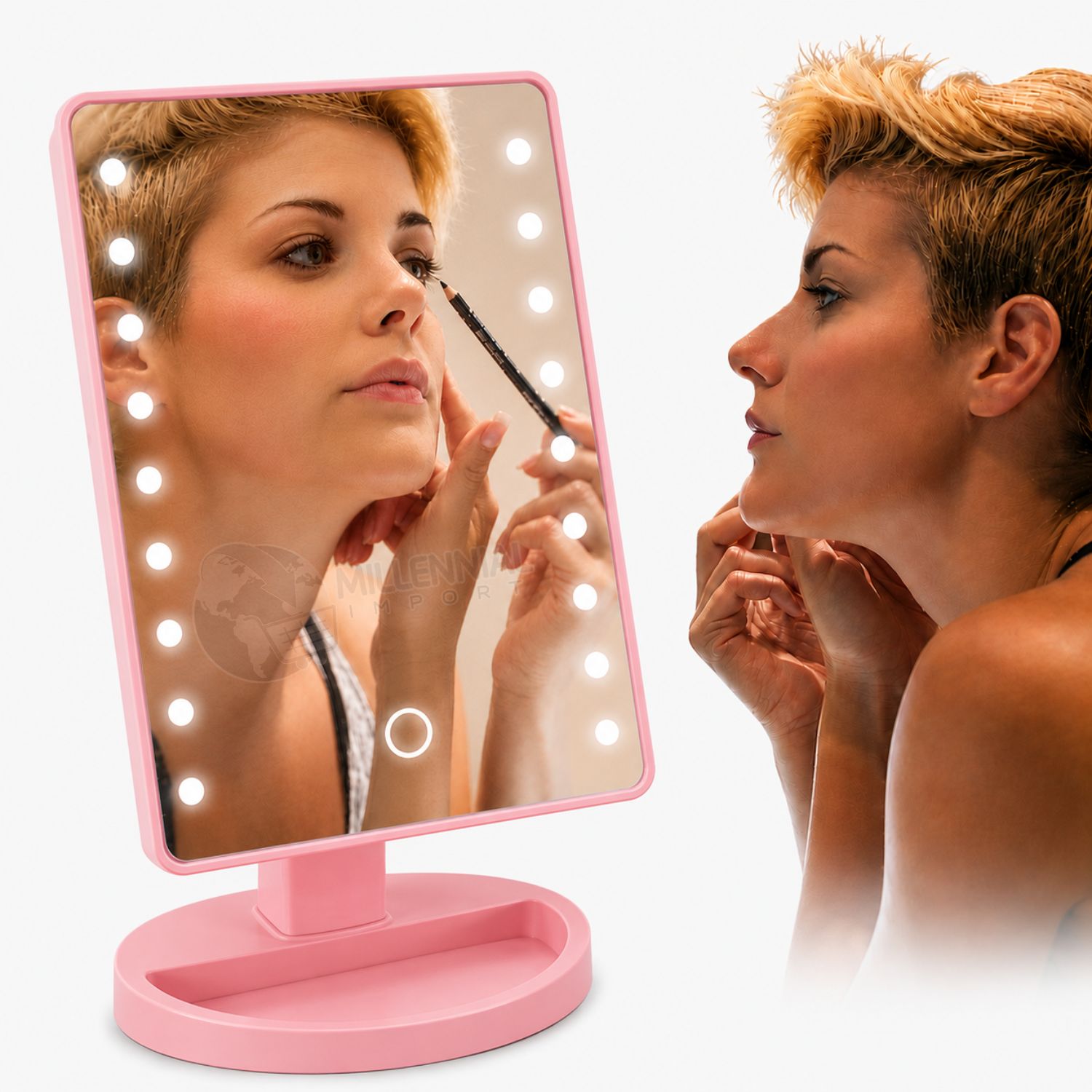 ESPEJO DE MAQUILLAJE LED CON 16 LUCES Y 3 NIVELES DE BRILLO COLOR ROSADO - 6