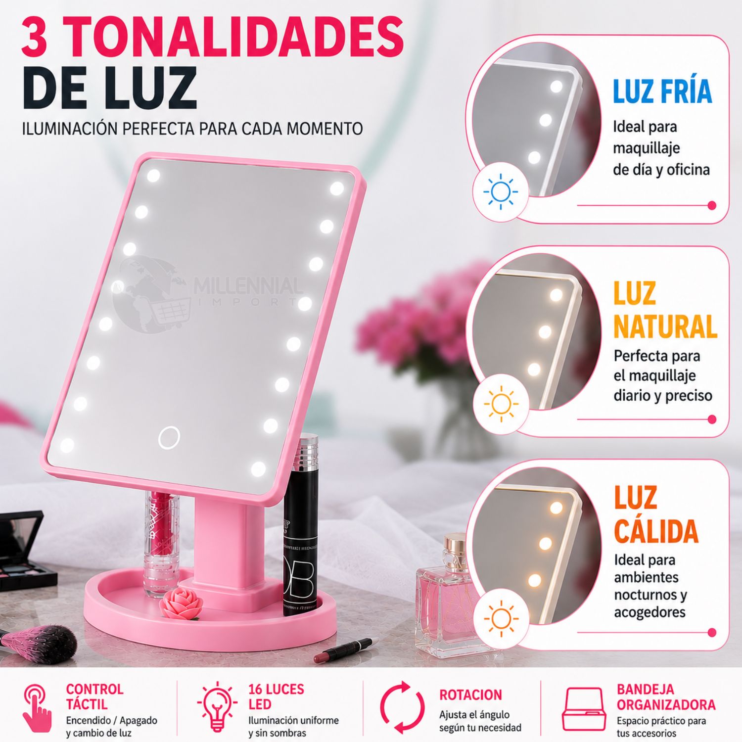 ESPEJO DE MAQUILLAJE LED CON 16 LUCES Y 3 NIVELES DE BRILLO COLOR ROSADO - 8