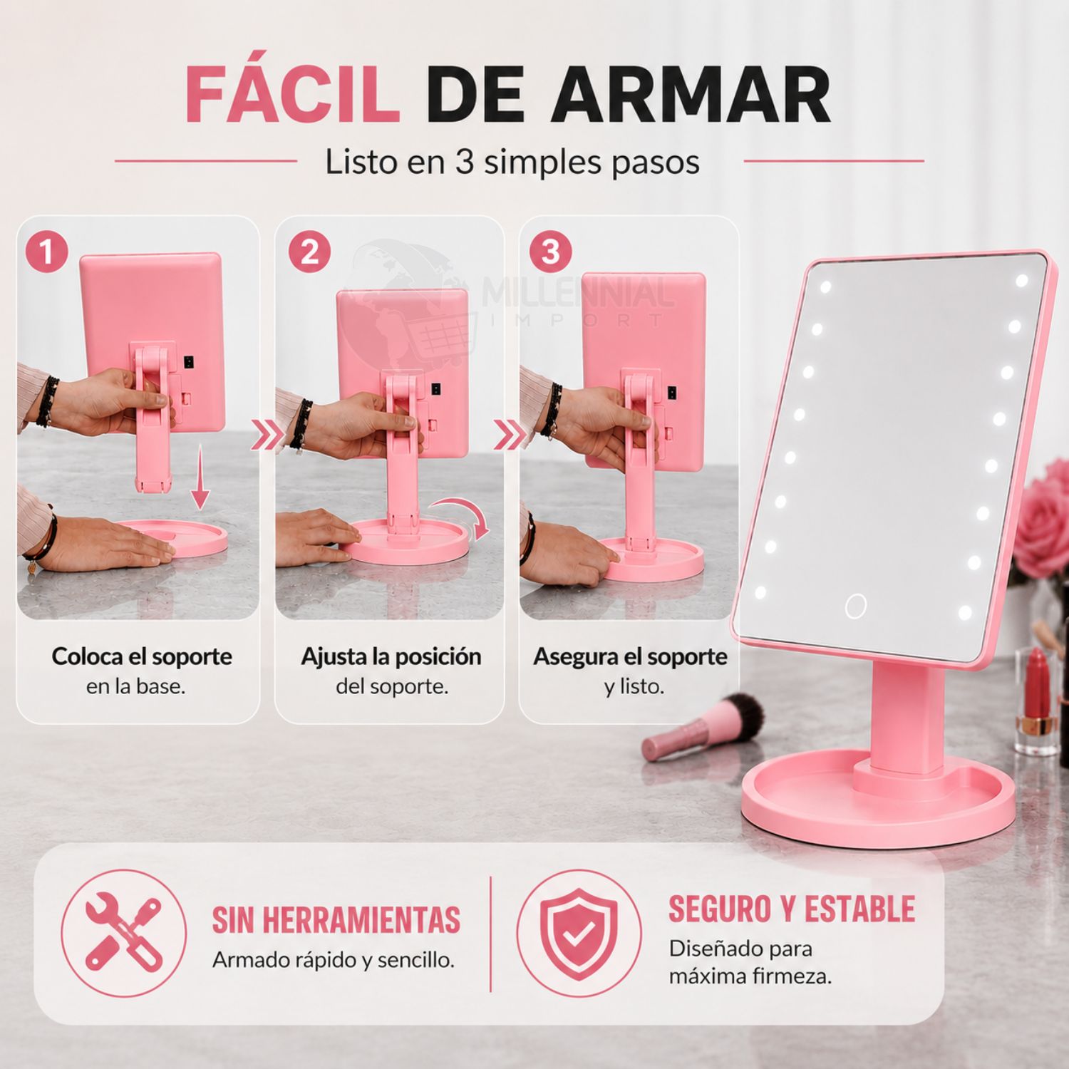 ESPEJO DE MAQUILLAJE LED CON 16 LUCES Y 3 NIVELES DE BRILLO COLOR ROSADO - 9