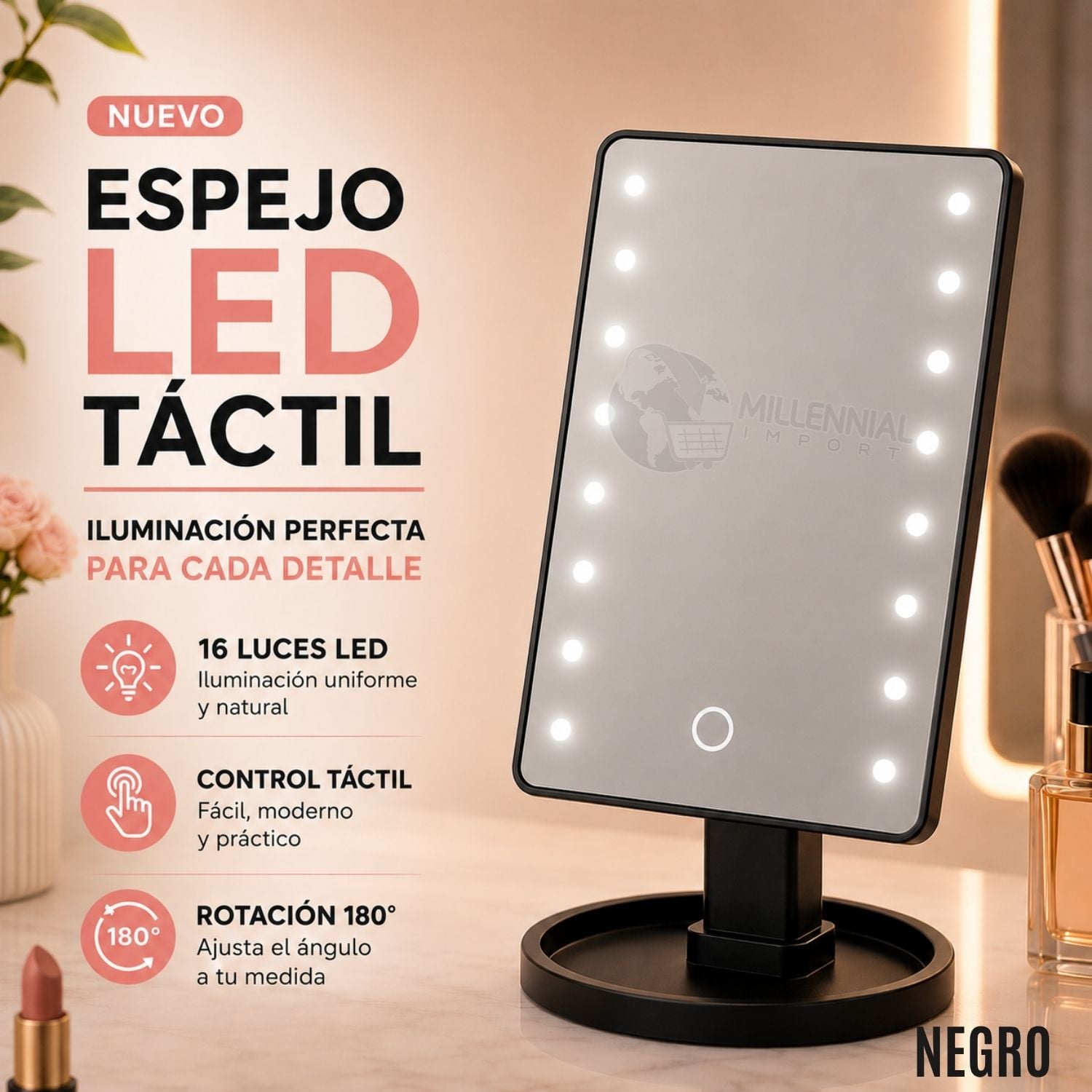 ESPEJO LED TÁCTIL DE MAQUILLAJE CON 16 LUCES LED COLOR NEGRO - 2