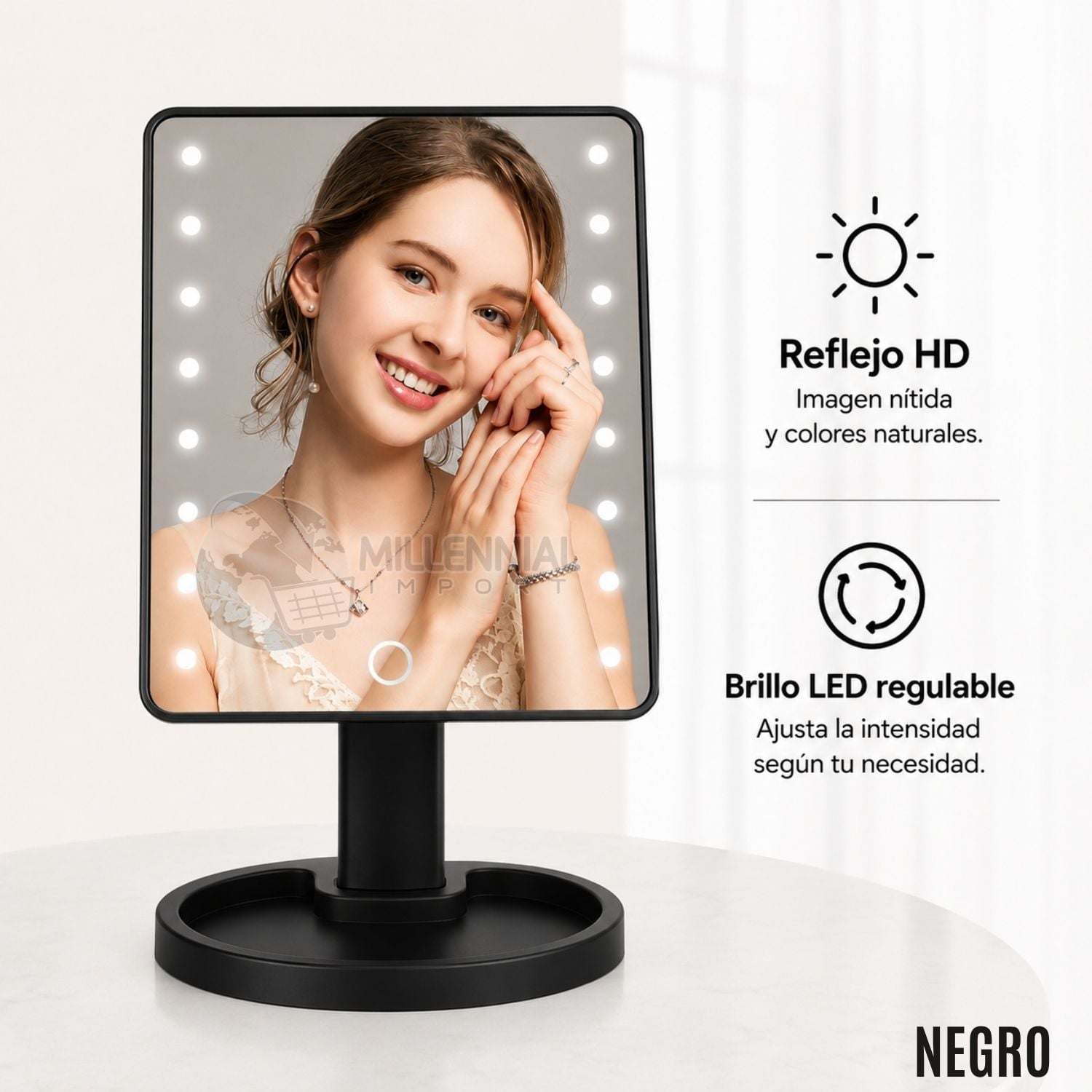 ESPEJO LED TÁCTIL DE MAQUILLAJE CON 16 LUCES LED COLOR NEGRO - 4