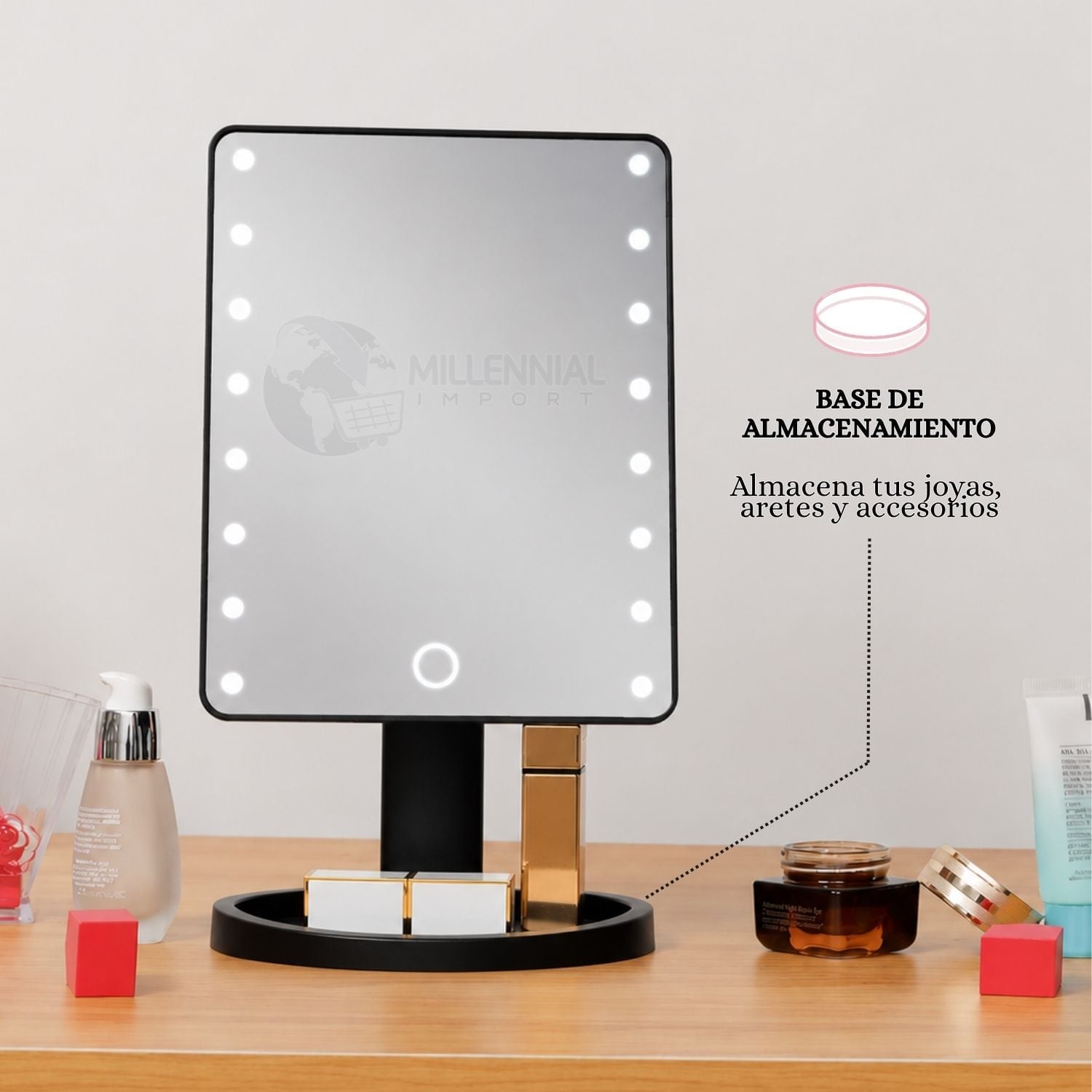 ESPEJO LED TÁCTIL DE MAQUILLAJE CON 16 LUCES LED COLOR NEGRO - 7