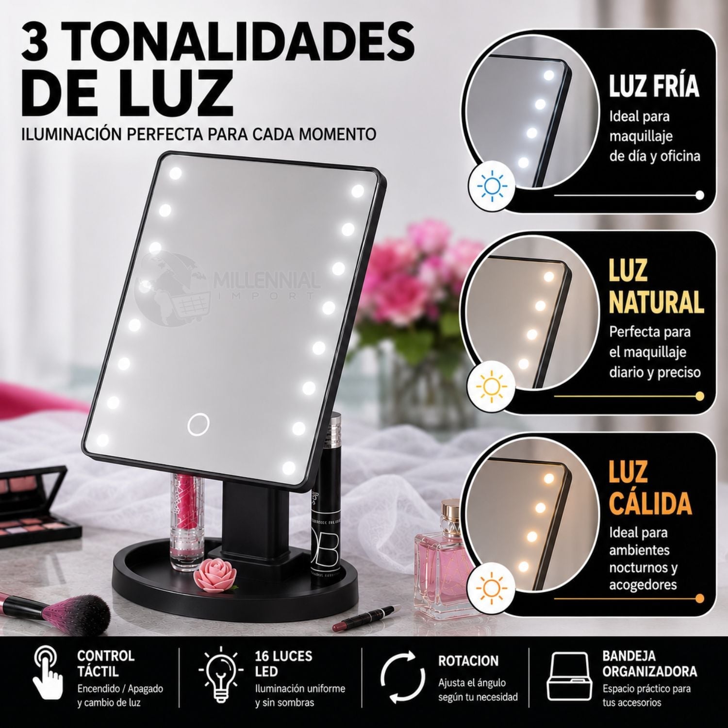 ESPEJO LED TÁCTIL DE MAQUILLAJE CON 16 LUCES LED COLOR NEGRO - 8