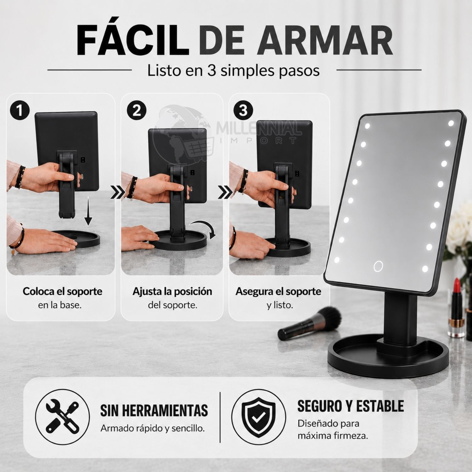 ESPEJO LED TÁCTIL DE MAQUILLAJE CON 16 LUCES LED COLOR NEGRO - 9