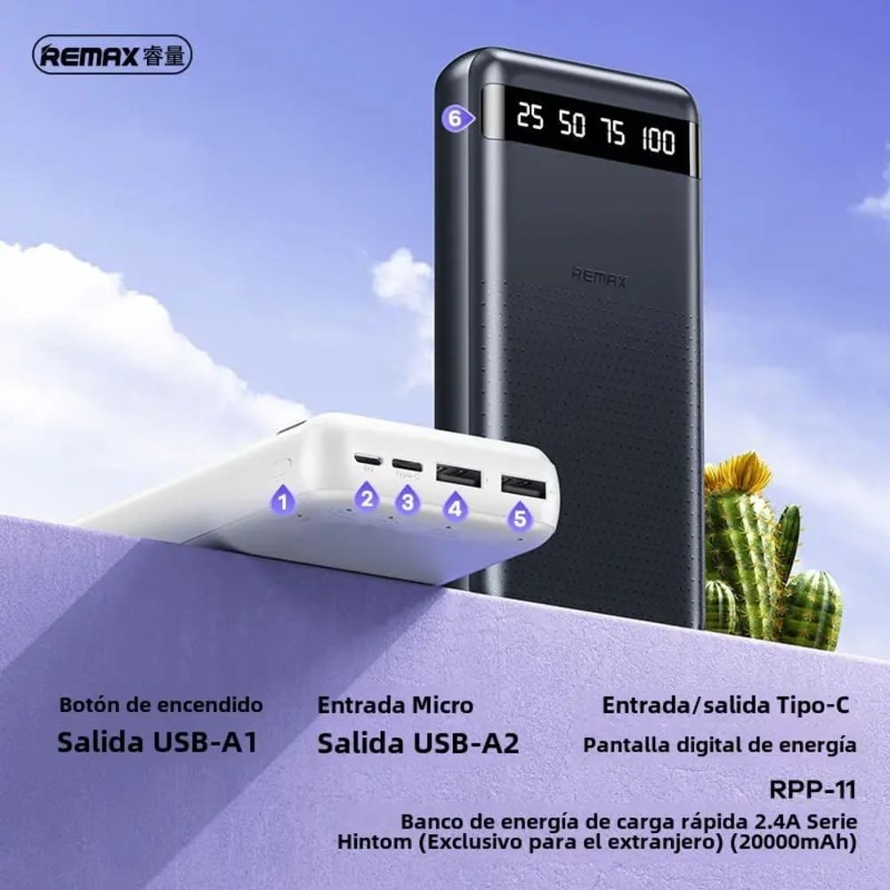CARGADOR PORTATIL ULTRA SLIM  20000MAH 2.4A MODELO RPP-11 NEGRO - 4