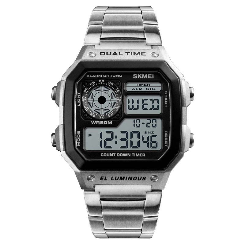 RELOJ SKMEI HOMBRE DIGITAL 1335PL SQUARE 1335 DUAL TIMER BACKLIGHT CORREAS PLATA ACERO - 2