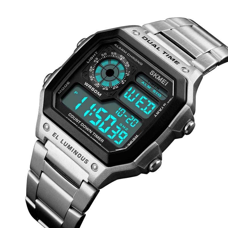 RELOJ SKMEI HOMBRE DIGITAL 1335PL SQUARE 1335 DUAL TIMER BACKLIGHT CORREAS PLATA ACERO - 3