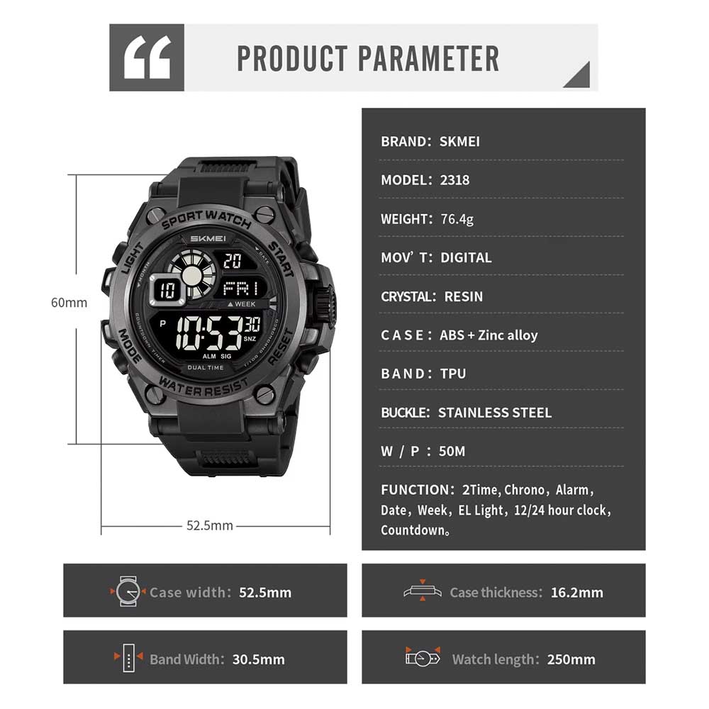 RELOJ SKMEI HOMBRE DIGITAL DEPORTIVO 2318NE 2318 CRONÓMETRO DUAL LED NEGRO - 6