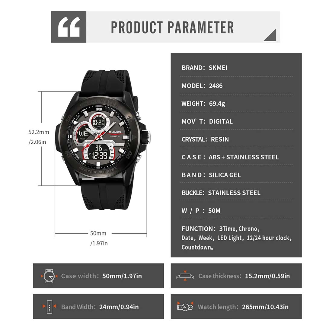 RELOJ HOMBRE SKMEI RACING DUAL DIGITAL 3 HORARIOS MULTIFUNCIÓN 2486 - 6