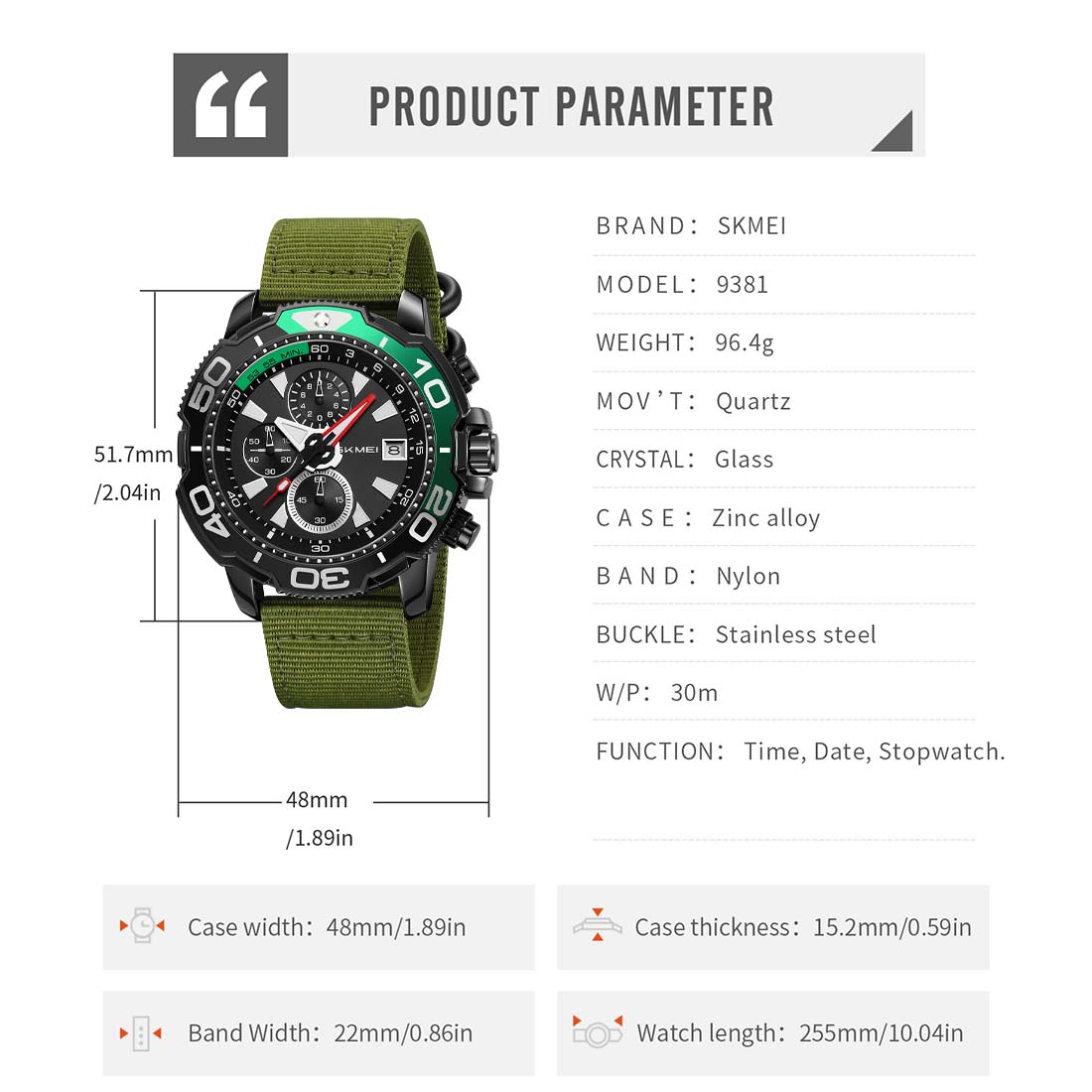 RELOJ HOMBRE SKMEI ADVENTURE ANALÓGICO  CRONÓMETRO FECHA VERDE 9381 - 6