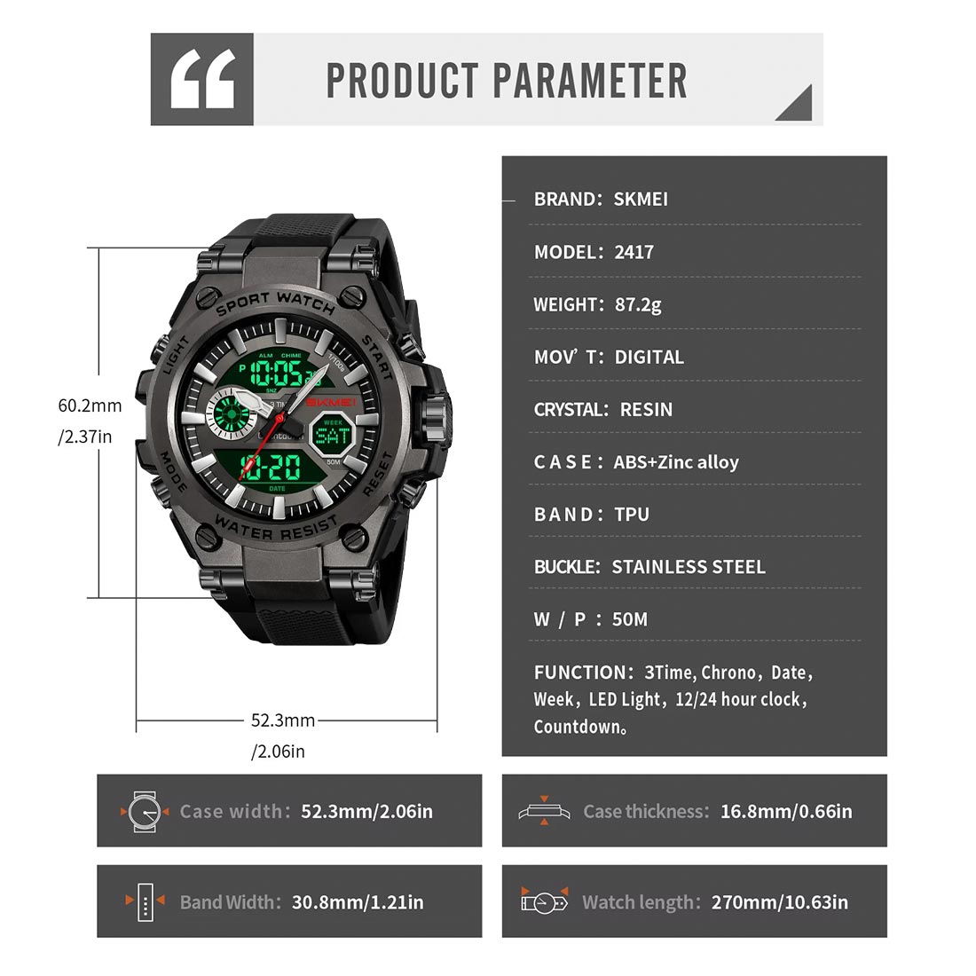 RELOJ HOMBRE SKMEI TANK DUAL DIGITAL 3 HORARIOS MULTIFUNCIÓN 2417 - 8