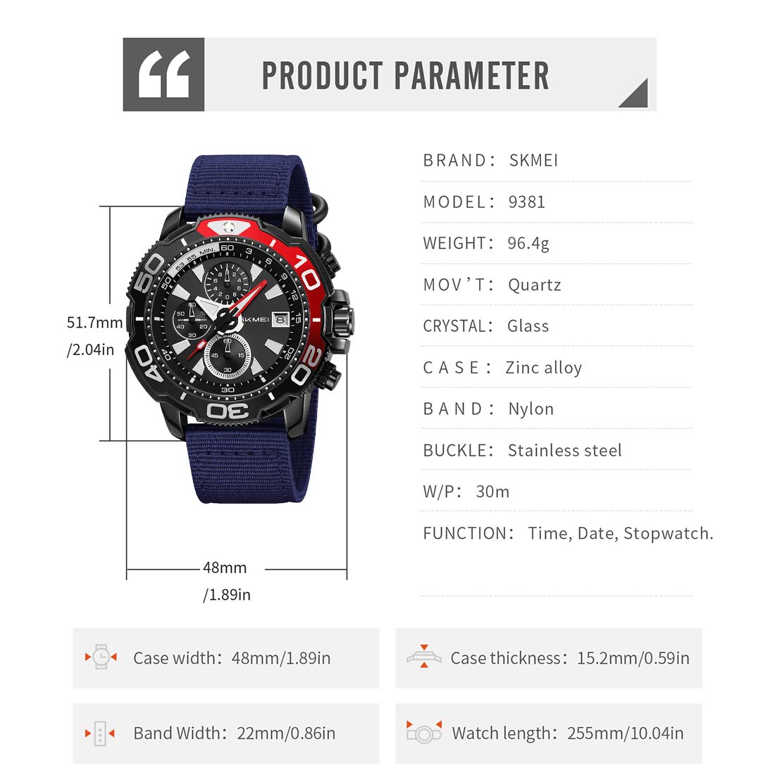 RELOJ HOMBRE SKMEI ADVENTURE ANALÓGICO CRONÓMETRO FECHA AZUL 9381 - 6