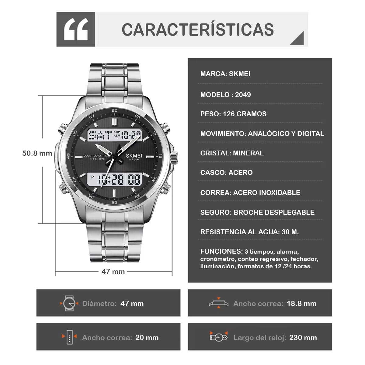 RELOJ SKMEI BOSS HOMBRE ANALOGICO DIGITAL CASUAL RETROILUMINADO 2049 - 7