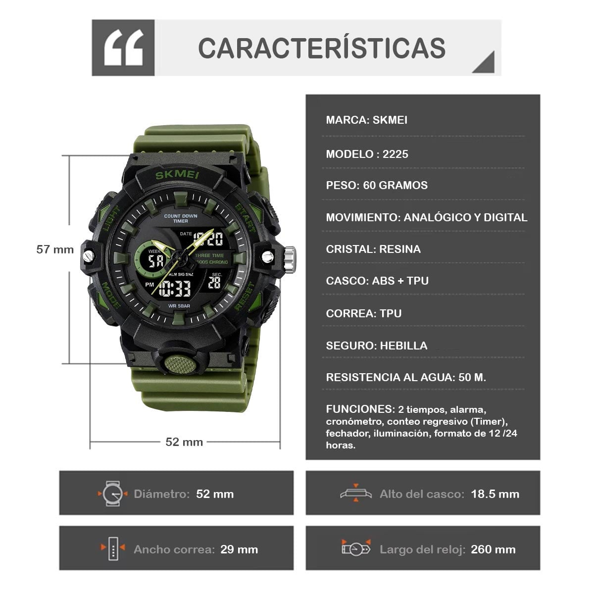 RELOJ SKMEI SHADOW HOMBRE ANALOGICO DIGITAL DEPORTIVO VERDE 2225 - 5